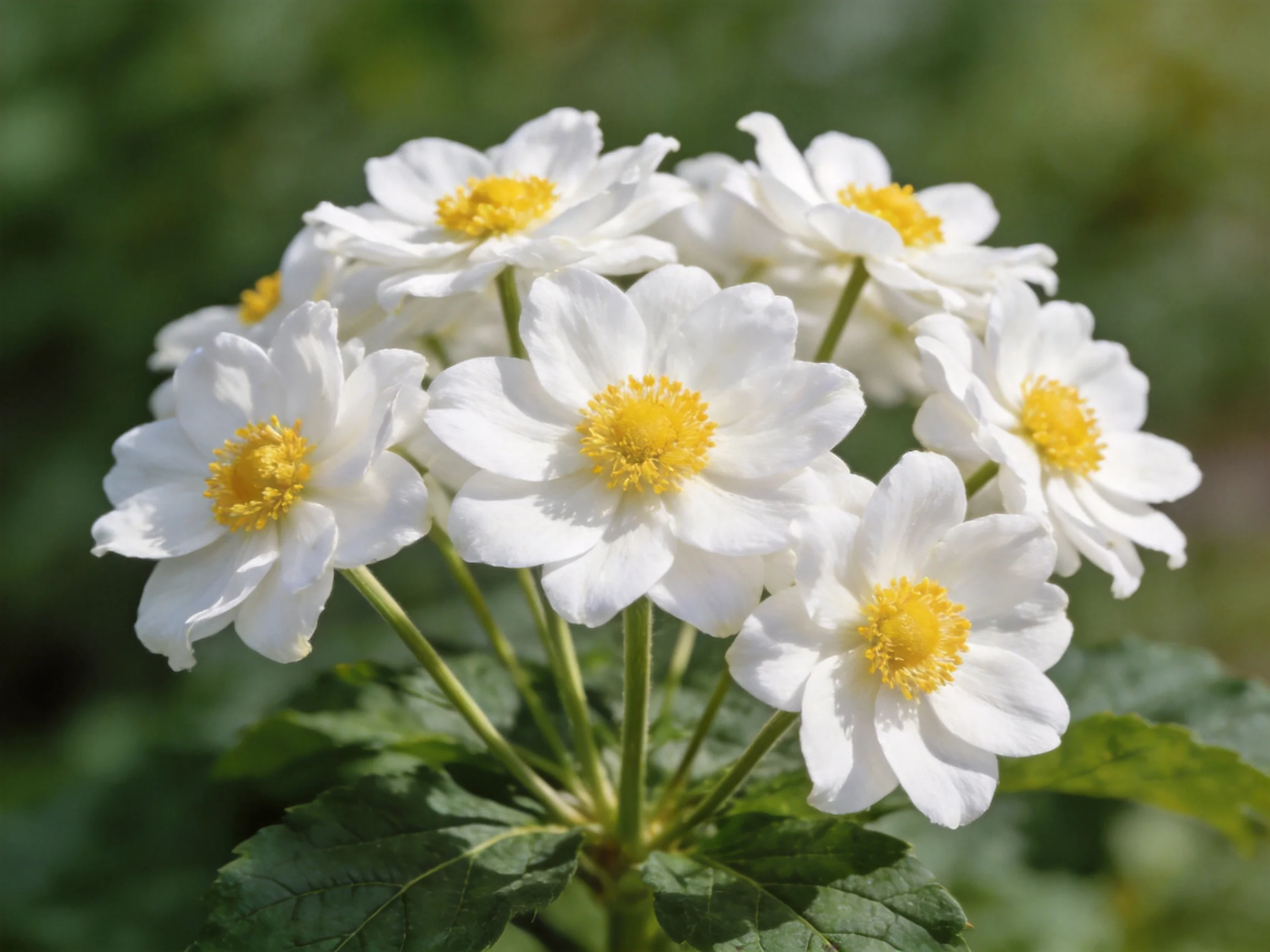 A cluster of white anemones blooms with bright yellow centers