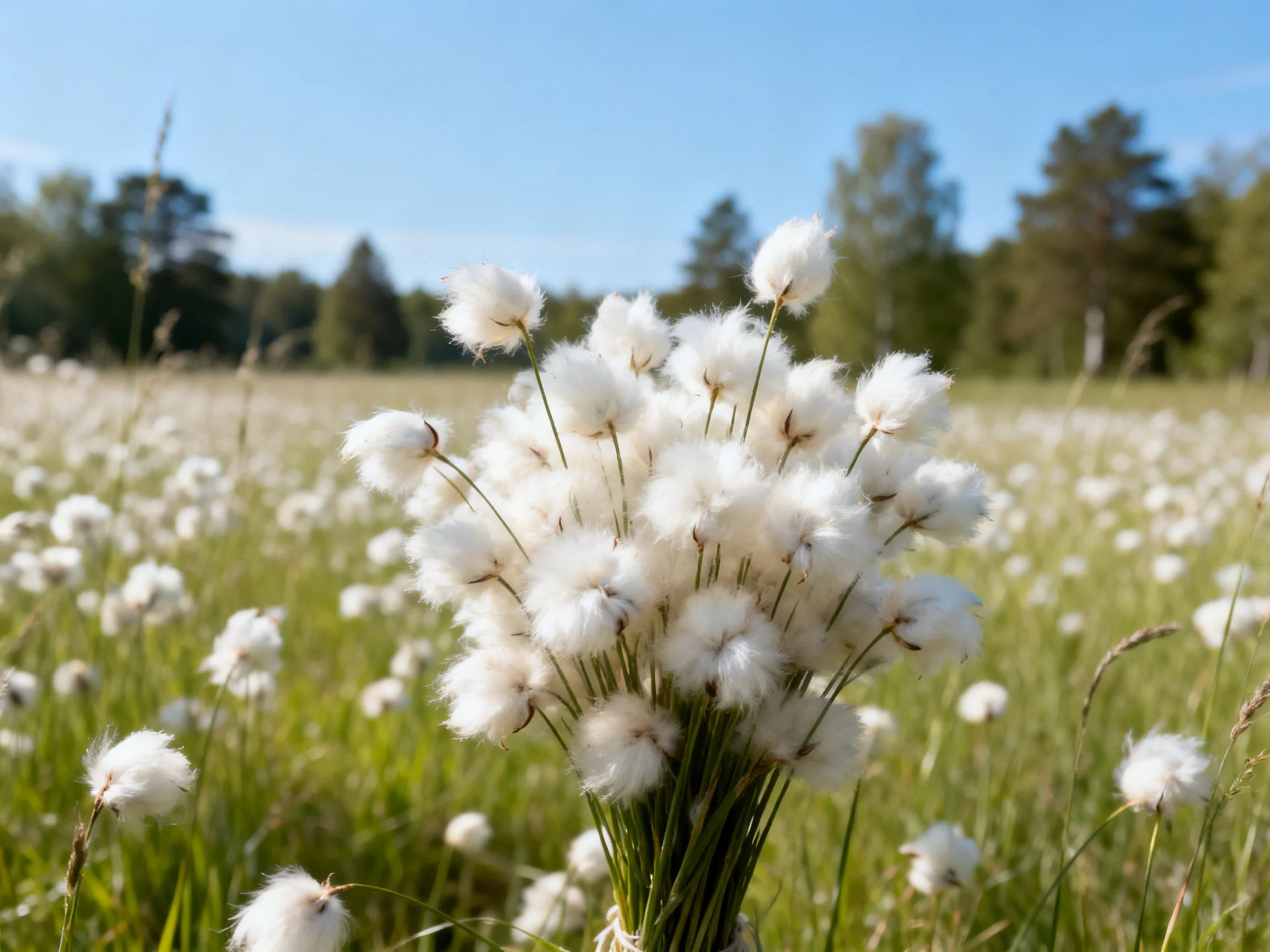 A cluster of white cottony blooms in a sunlit meadow