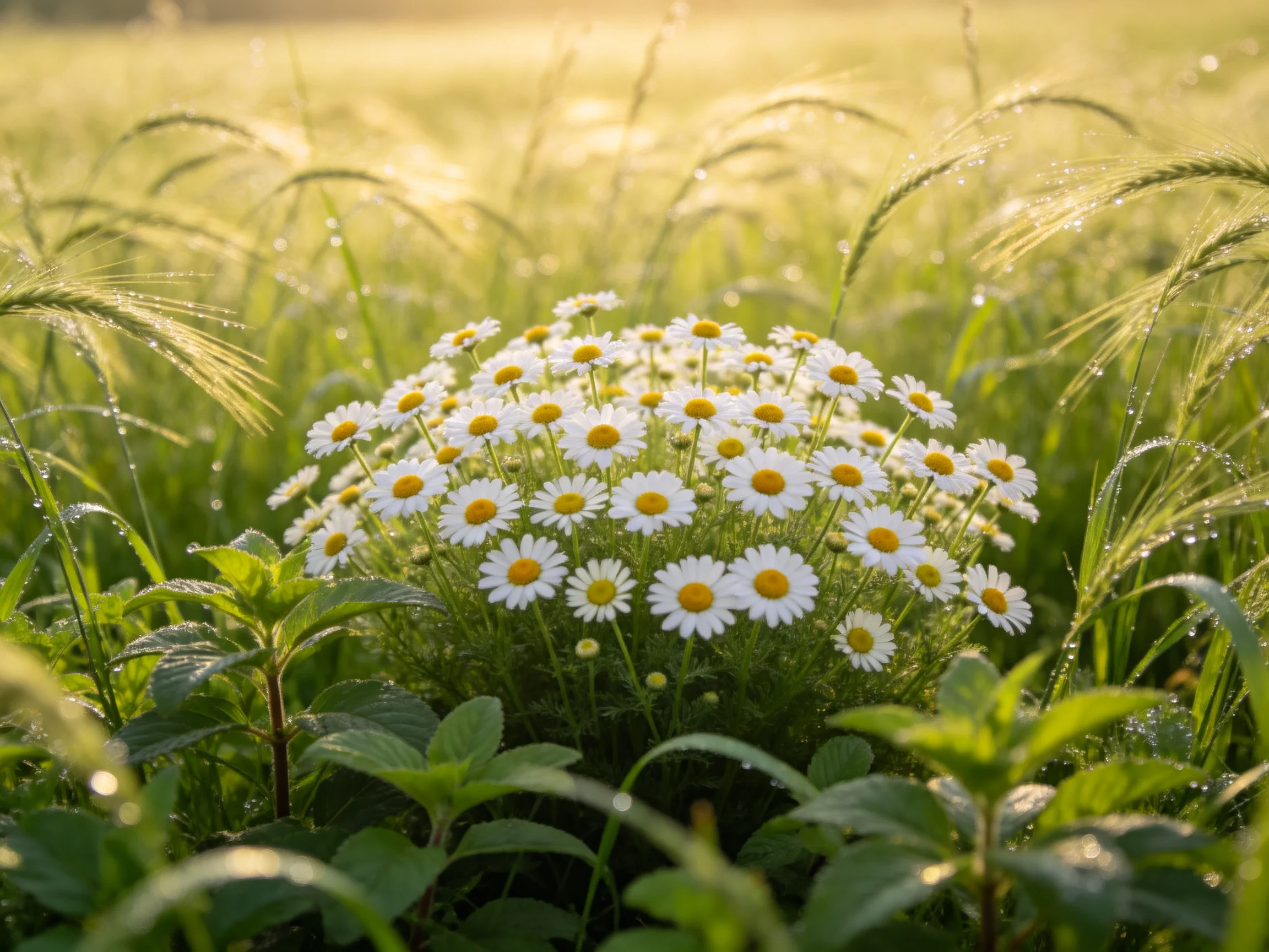 A cluster of white daisies blooms amid lush green grasses under golden light