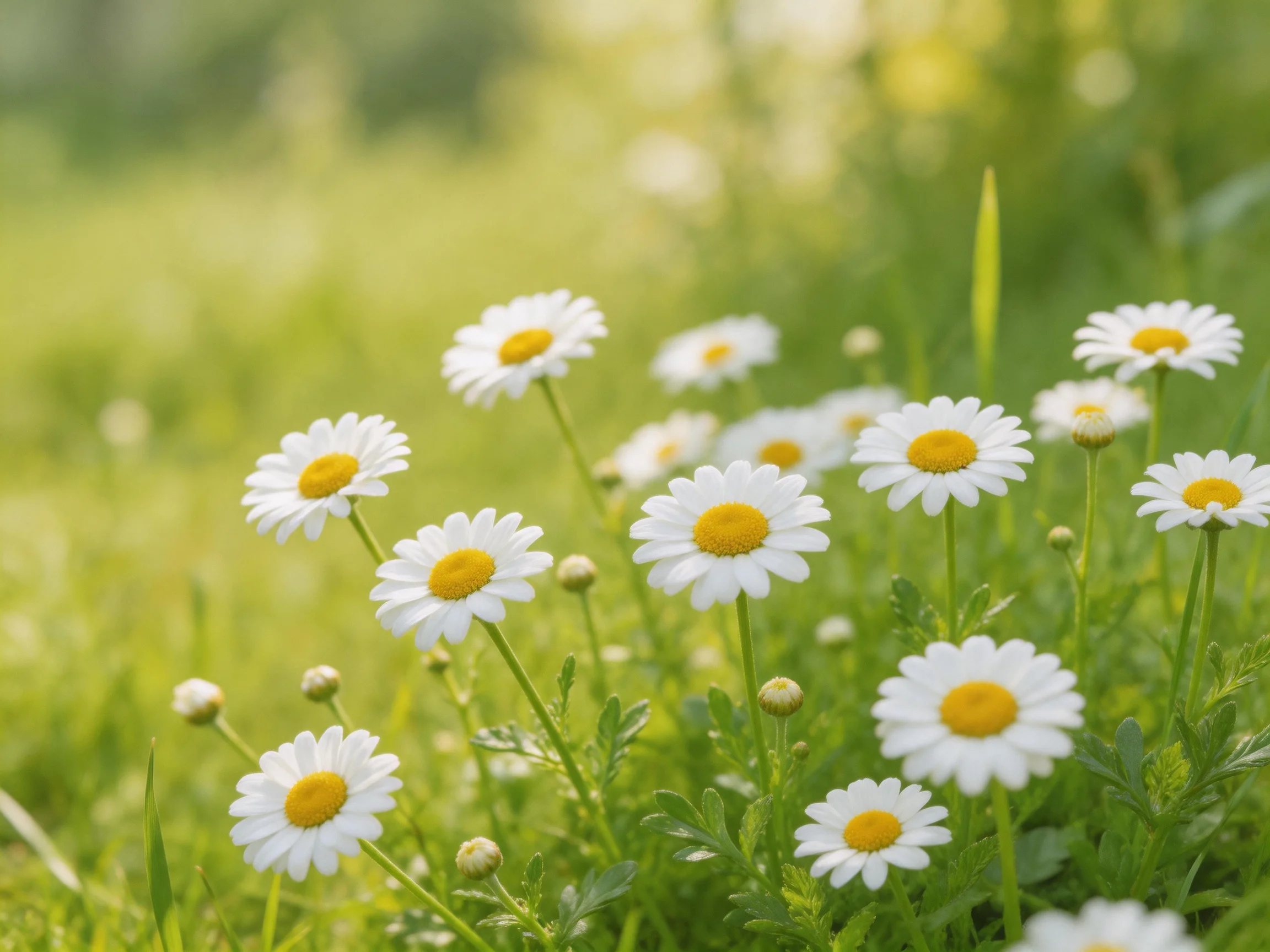 A cluster of white daisies blooms in a sun-dappled green meadow