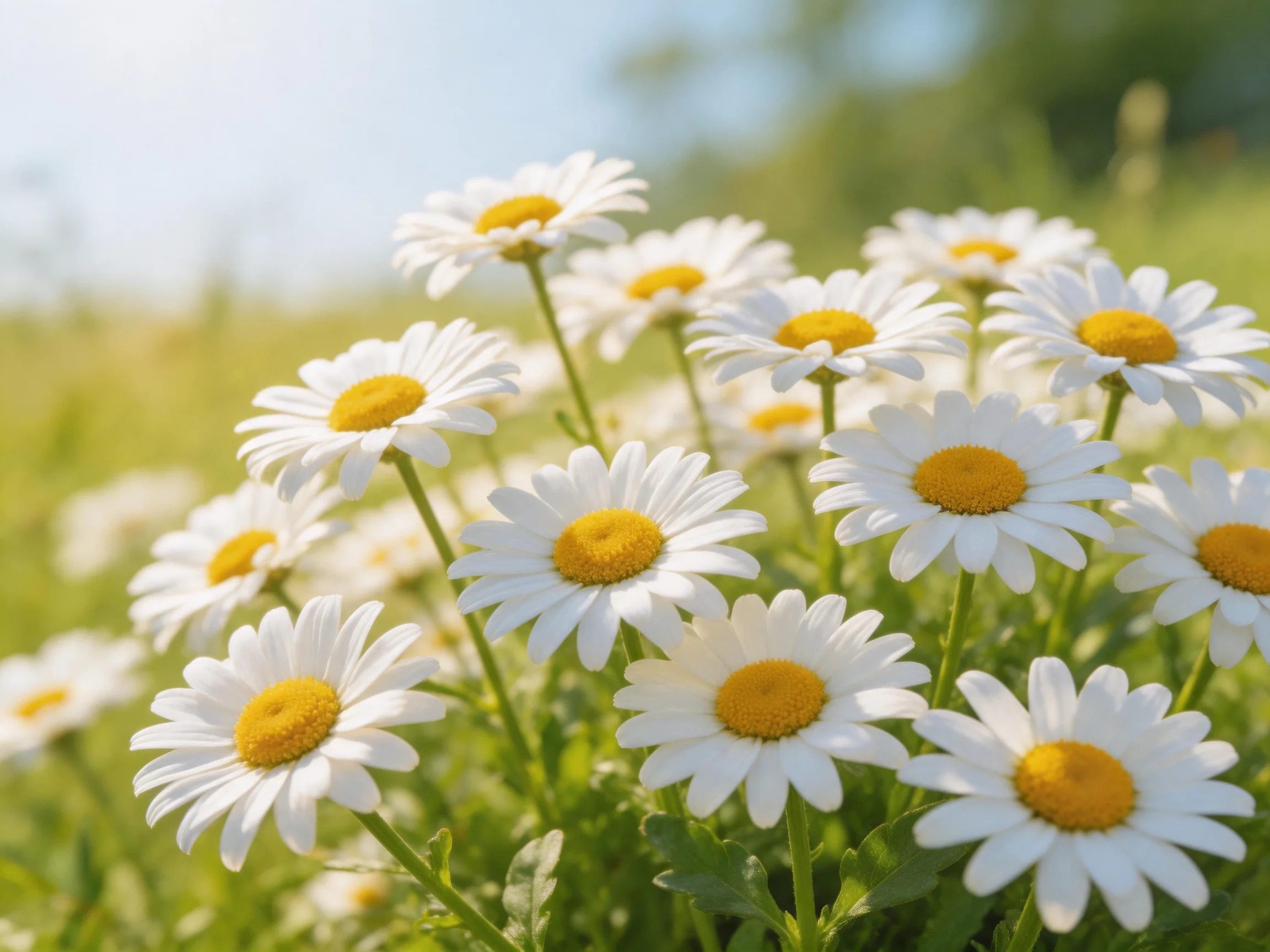A cluster of white daisies with bright yellow centers in a sunlit meadow