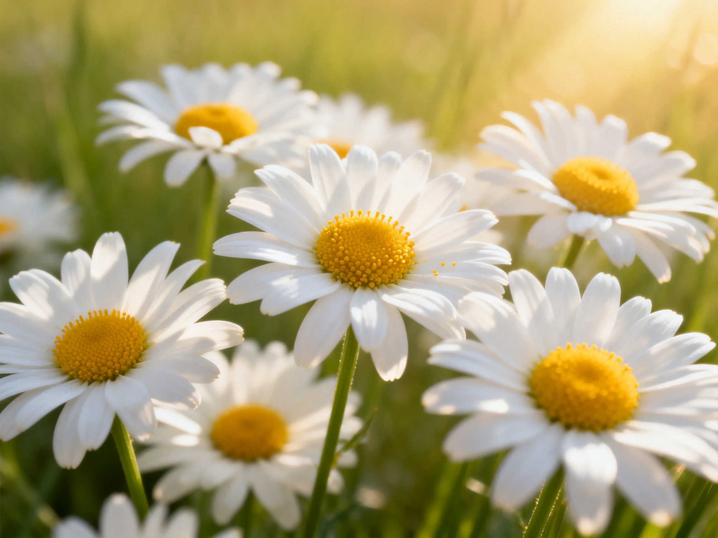 A cluster of white daisies with bright yellow centers in a sunlit meadow