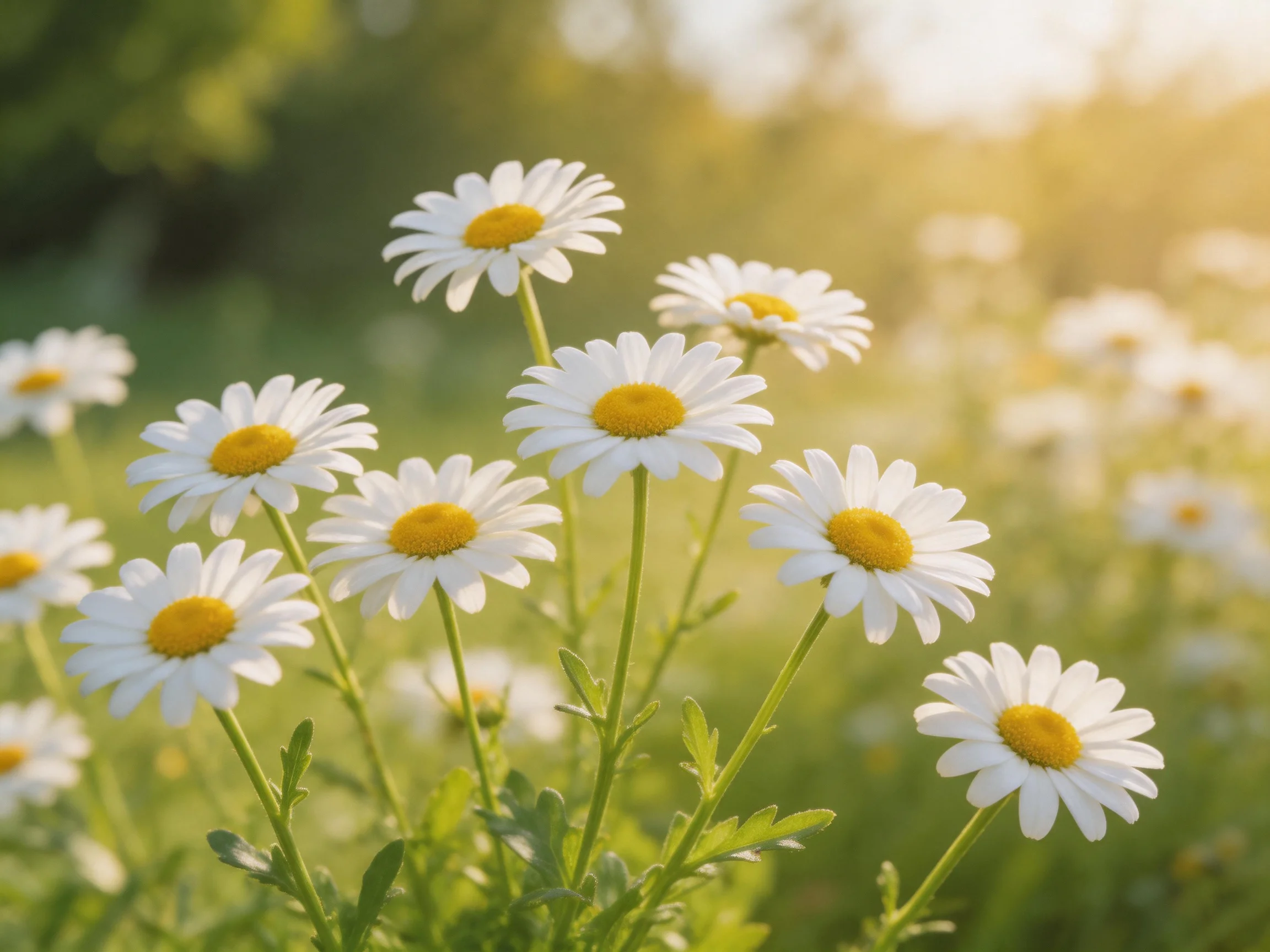 A cluster of white daisies with golden centers in a sunlit meadow