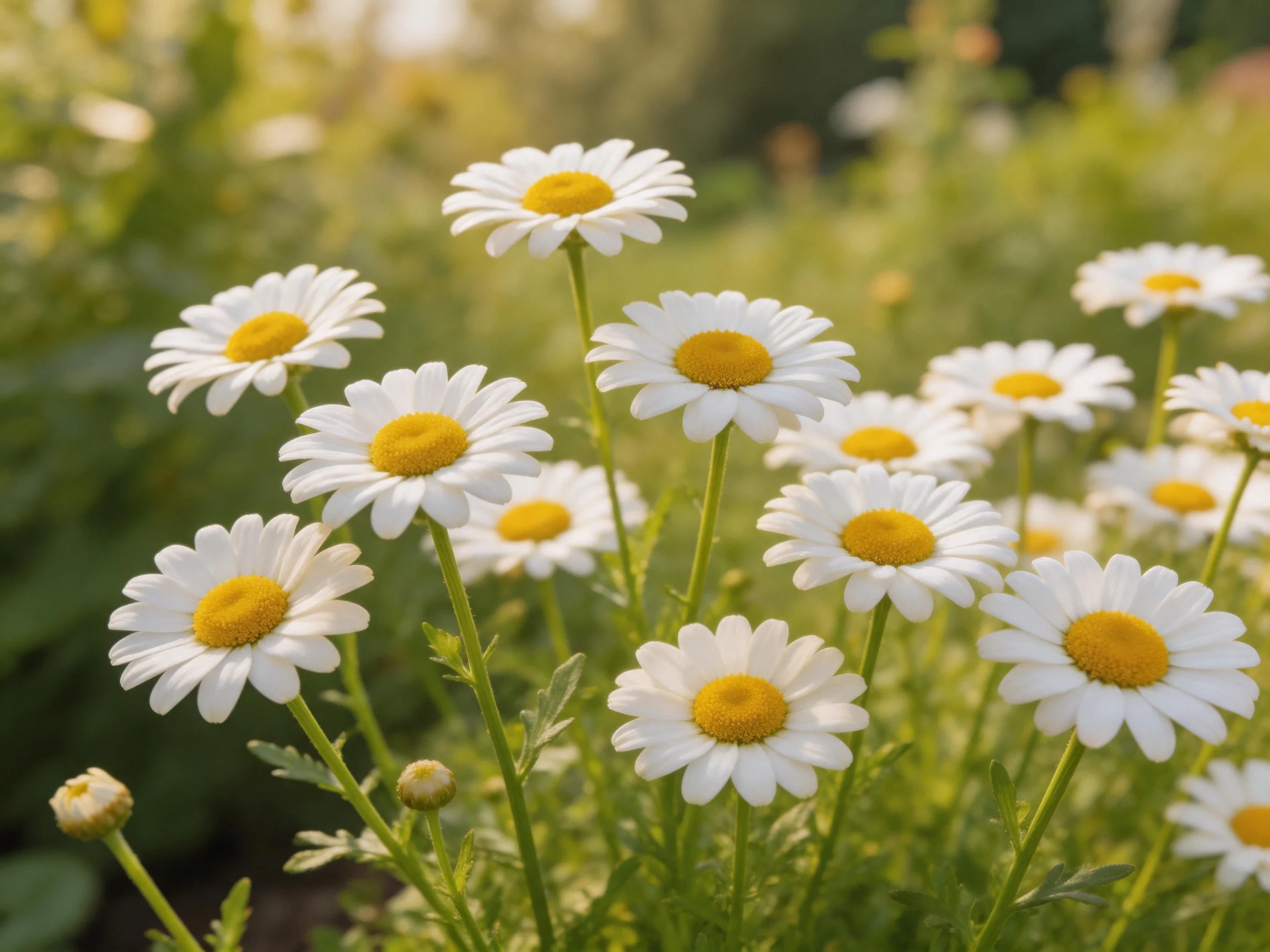 A cluster of white daisies with yellow centers in a sunlit garden