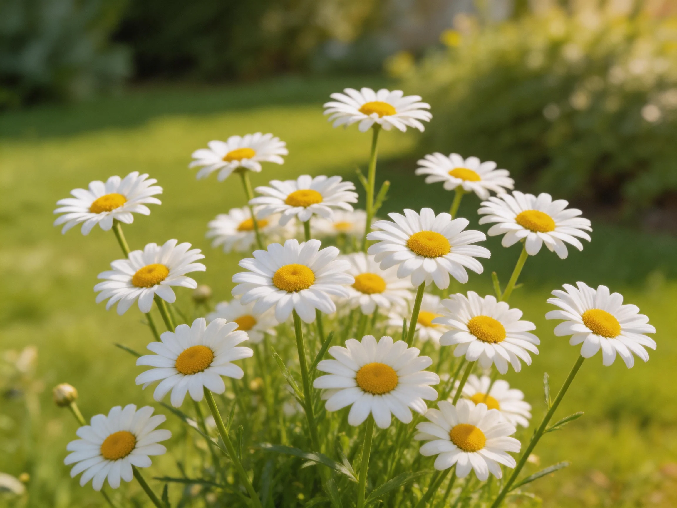 A cluster of white daisies with yellow centers in a sunlit garden