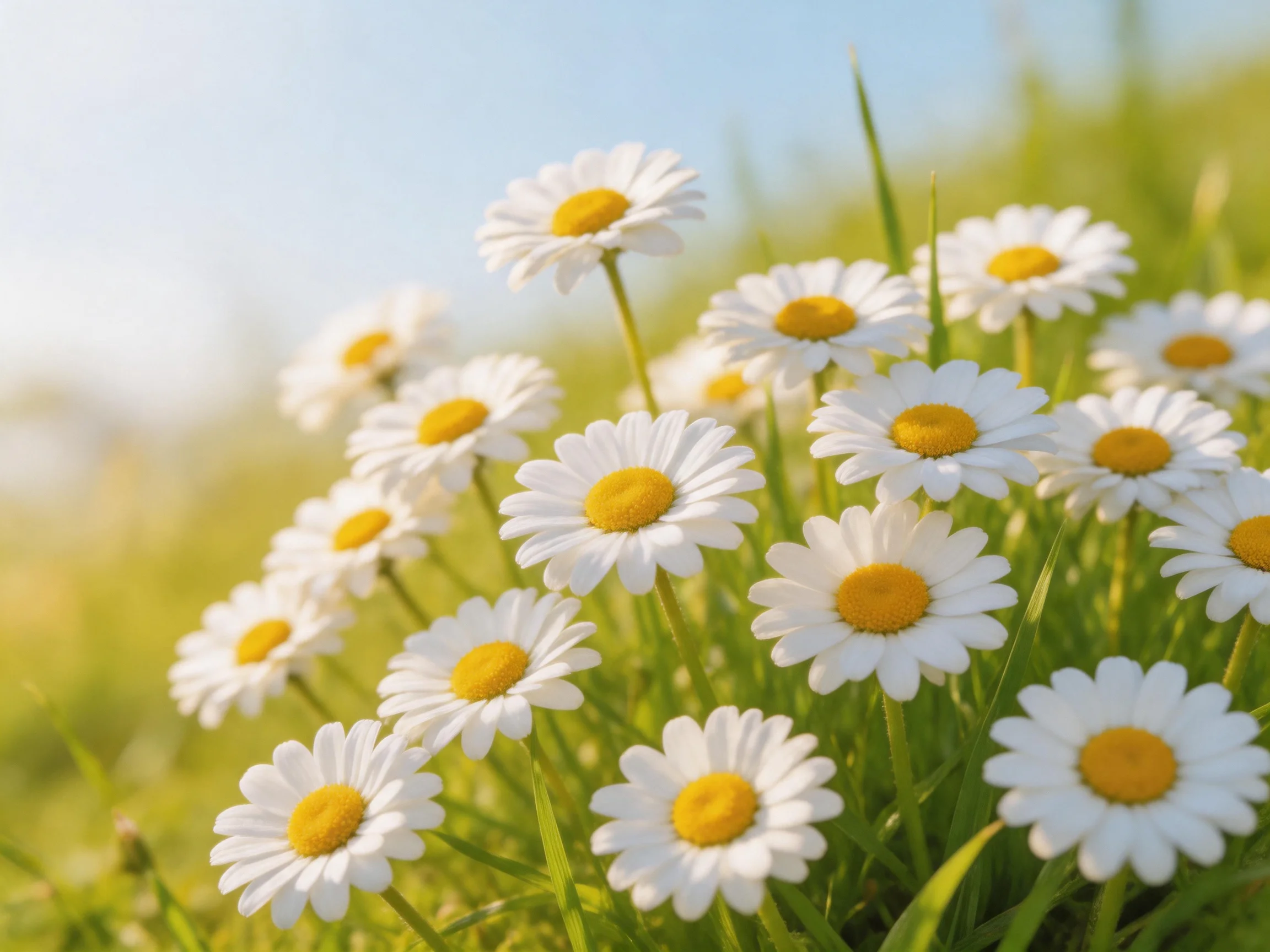 A cluster of white daisies with yellow centers in a sunlit meadow