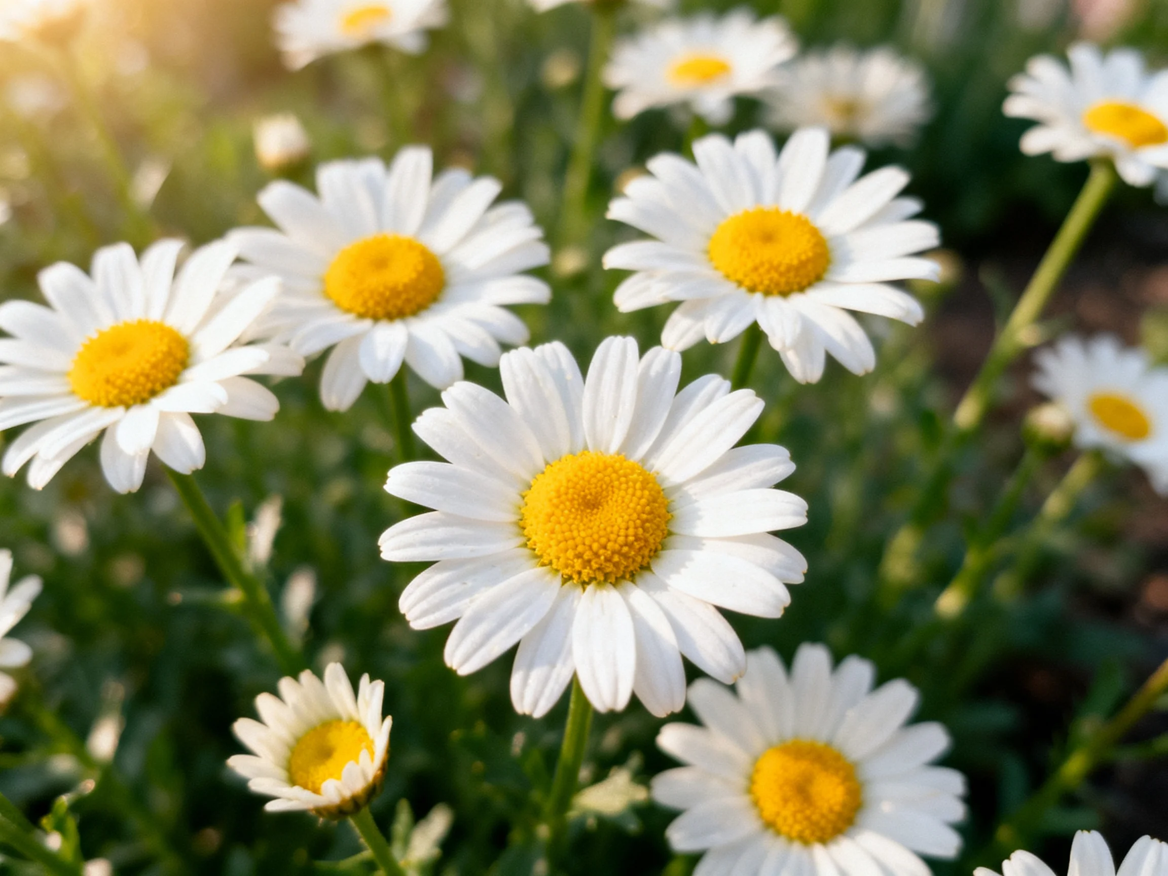 A cluster of white daisy flowers with bright yellow centers