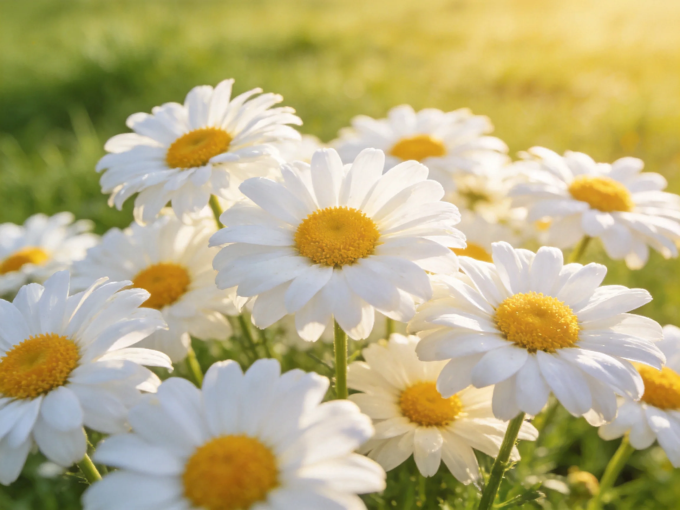A cluster of white daisy flowers with yellow centers in a sunlit meadow