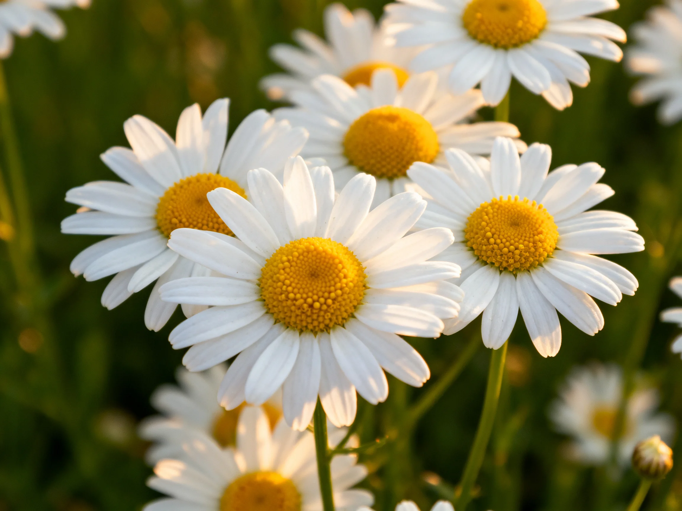 A cluster of white-petaled daisies with golden centers in a sunlit field