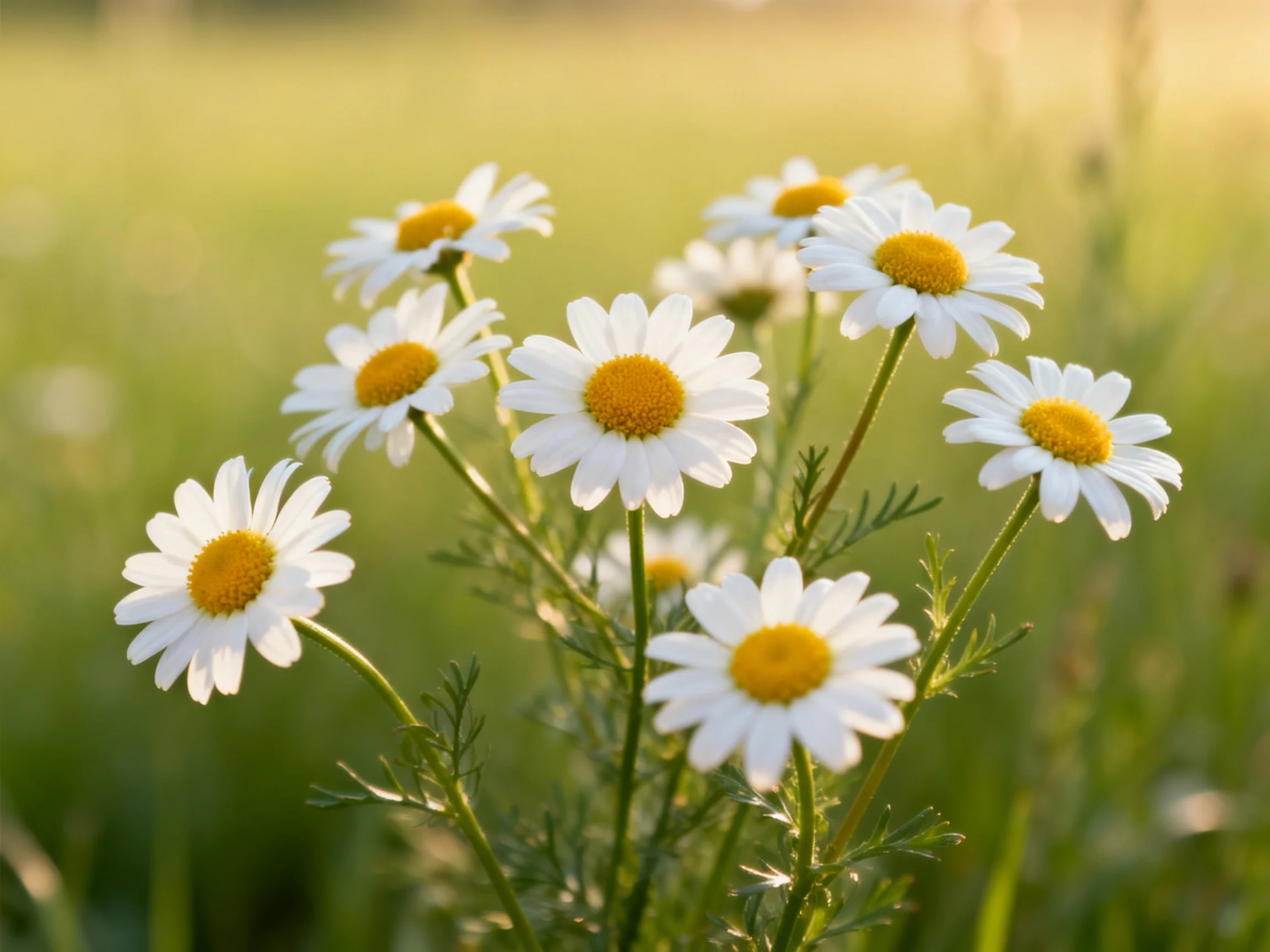 A cluster of white-petaled daisies with golden centers in a sunlit meadow
