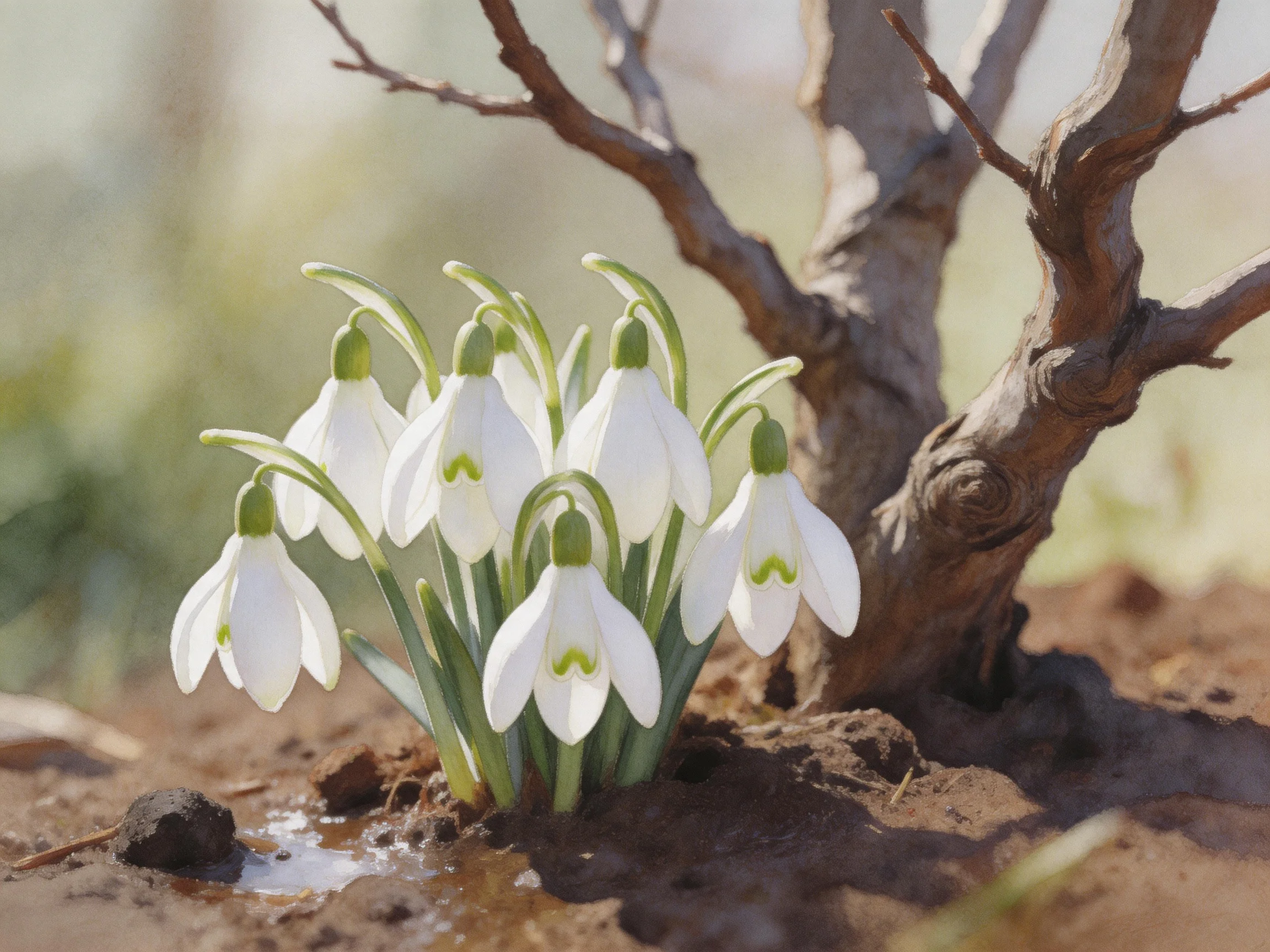 A cluster of white snowdrop flowers beside a gnarled brown tree trunk