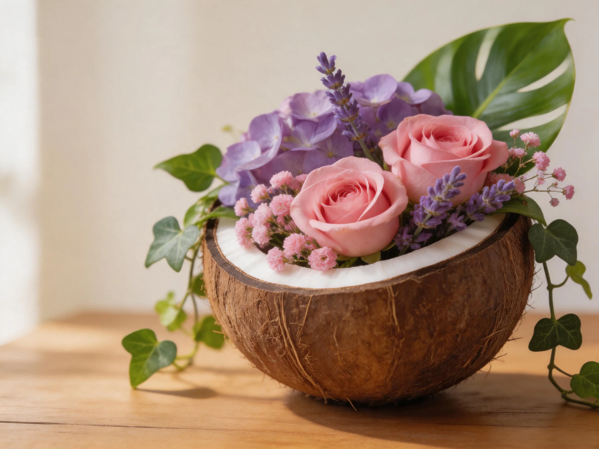 A coconut planter holds pink roses, purple blooms, and greenery
