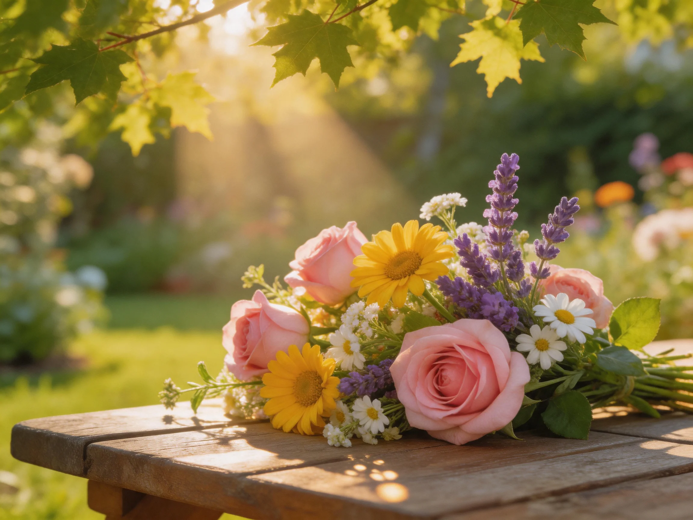 A colorful bouquet of pink roses, yellow daisies, and purple lavender on a wooden table