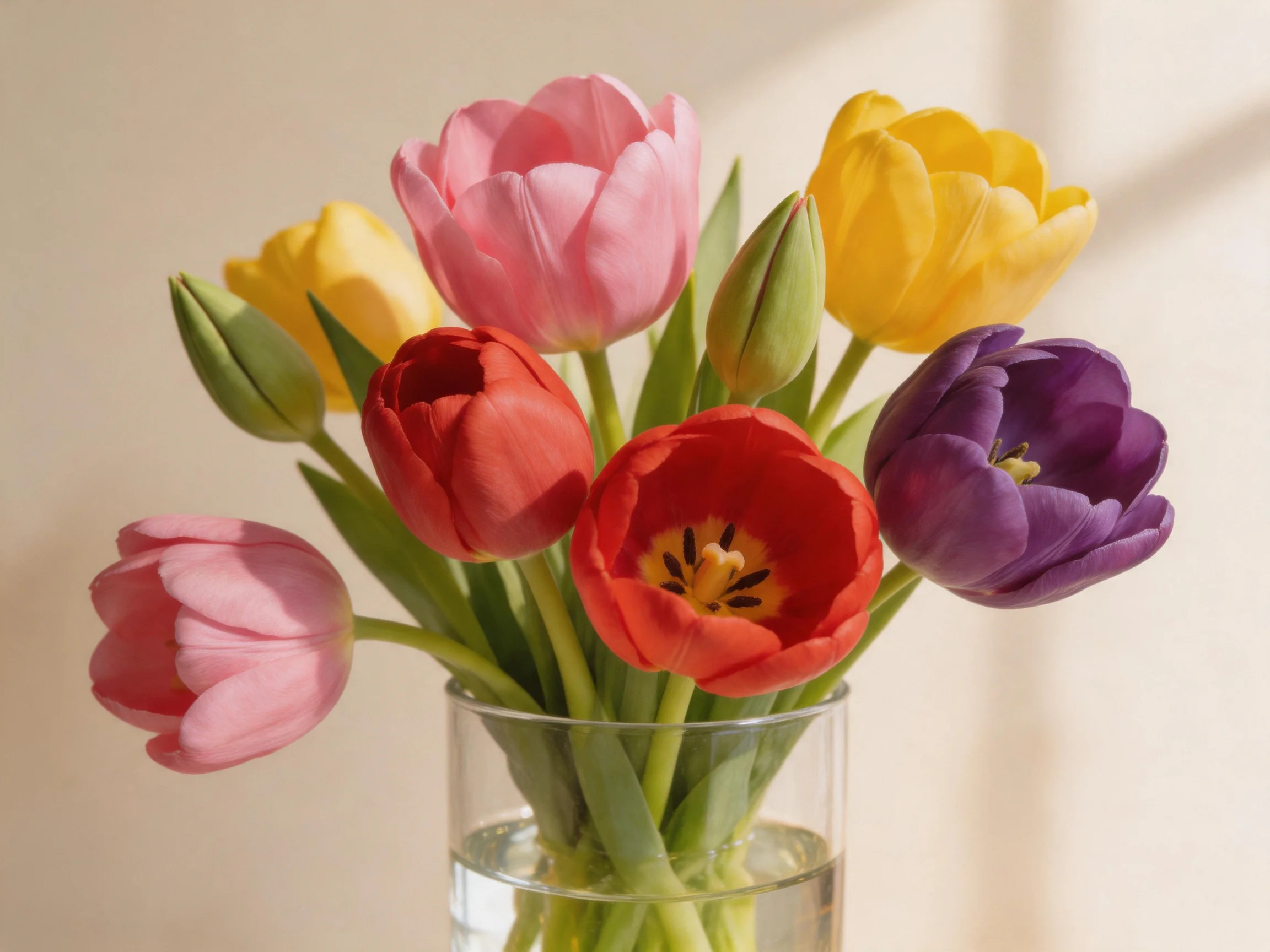 A colorful bouquet of tulips in pink, yellow, red, and purple