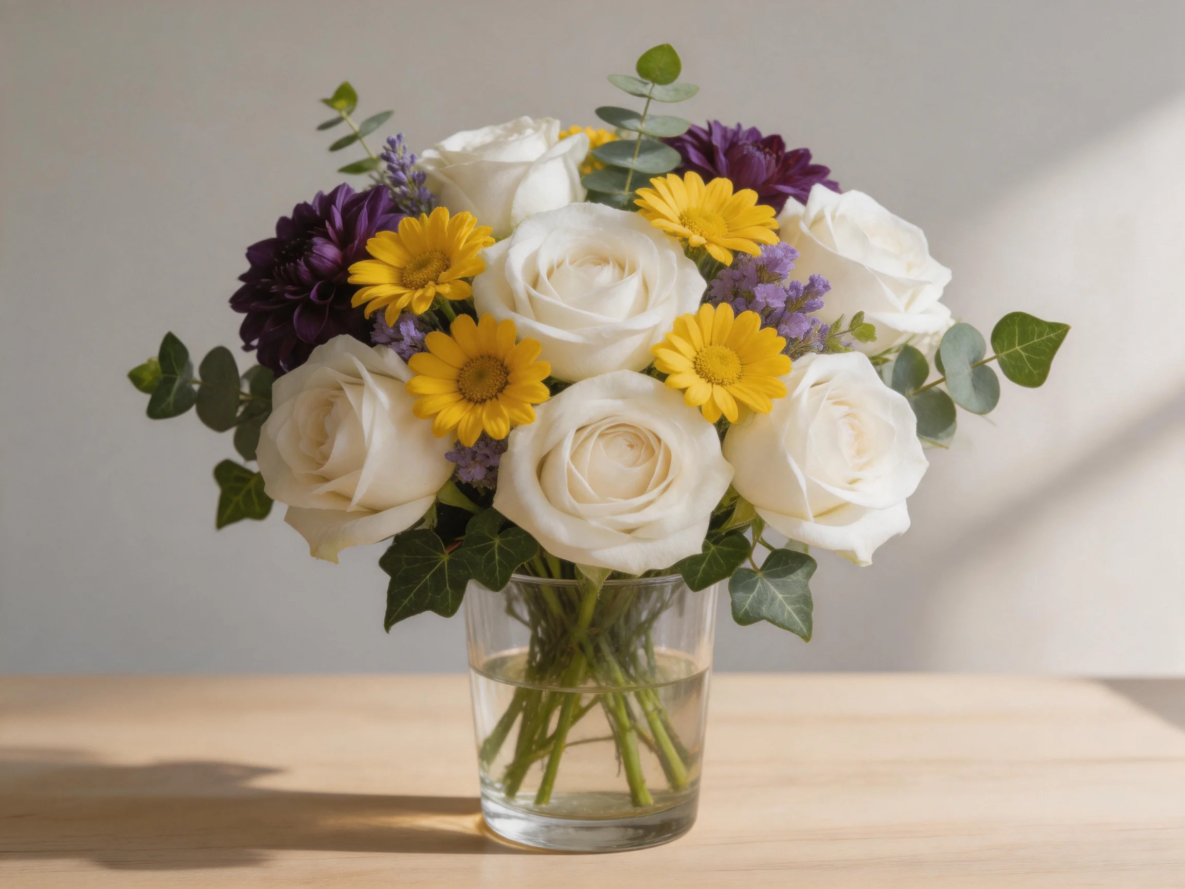 A colorful bouquet with white roses, yellow daisies, and purple flowers