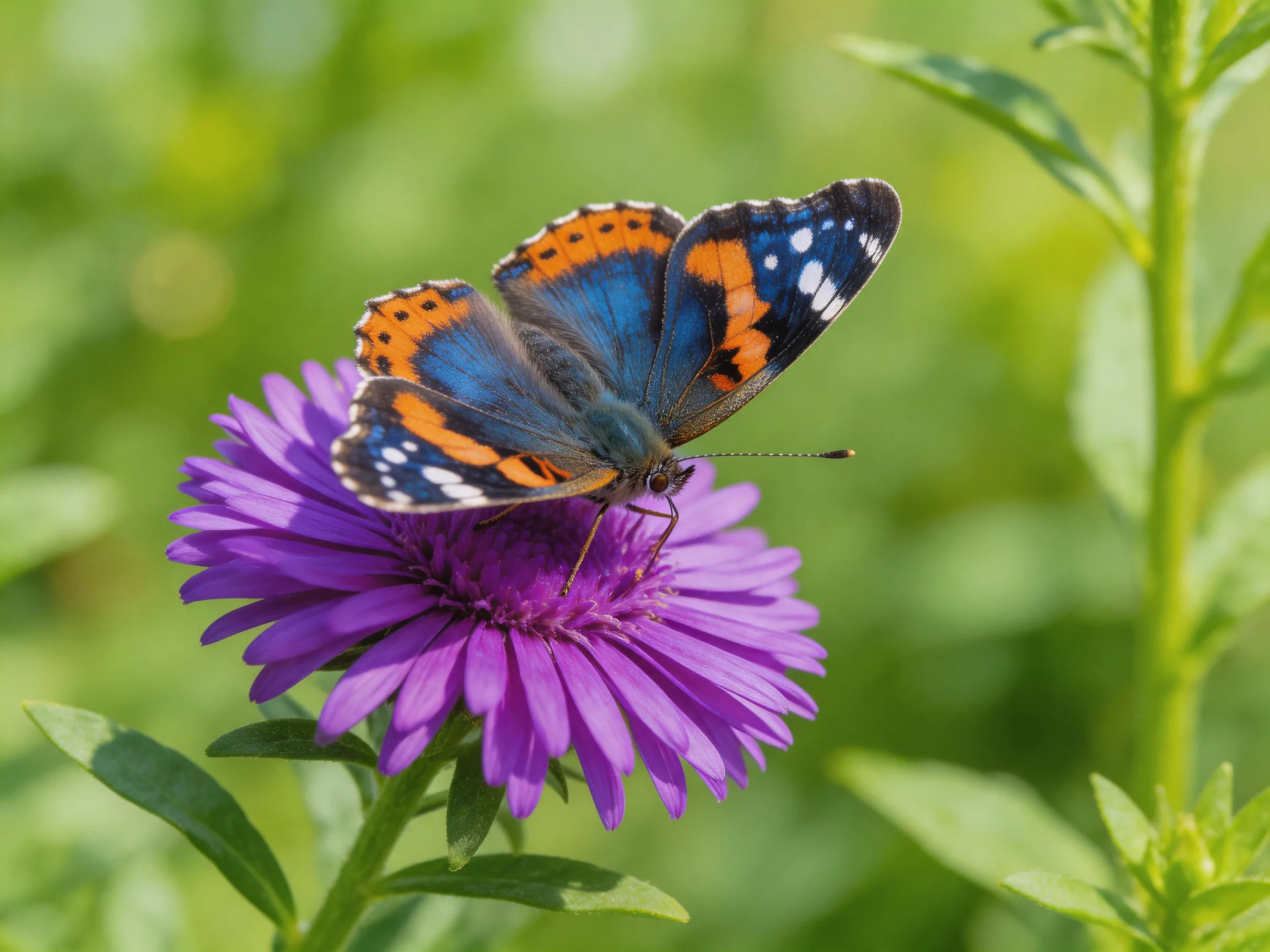 A colorful butterfly perched on a vibrant purple aster blossom