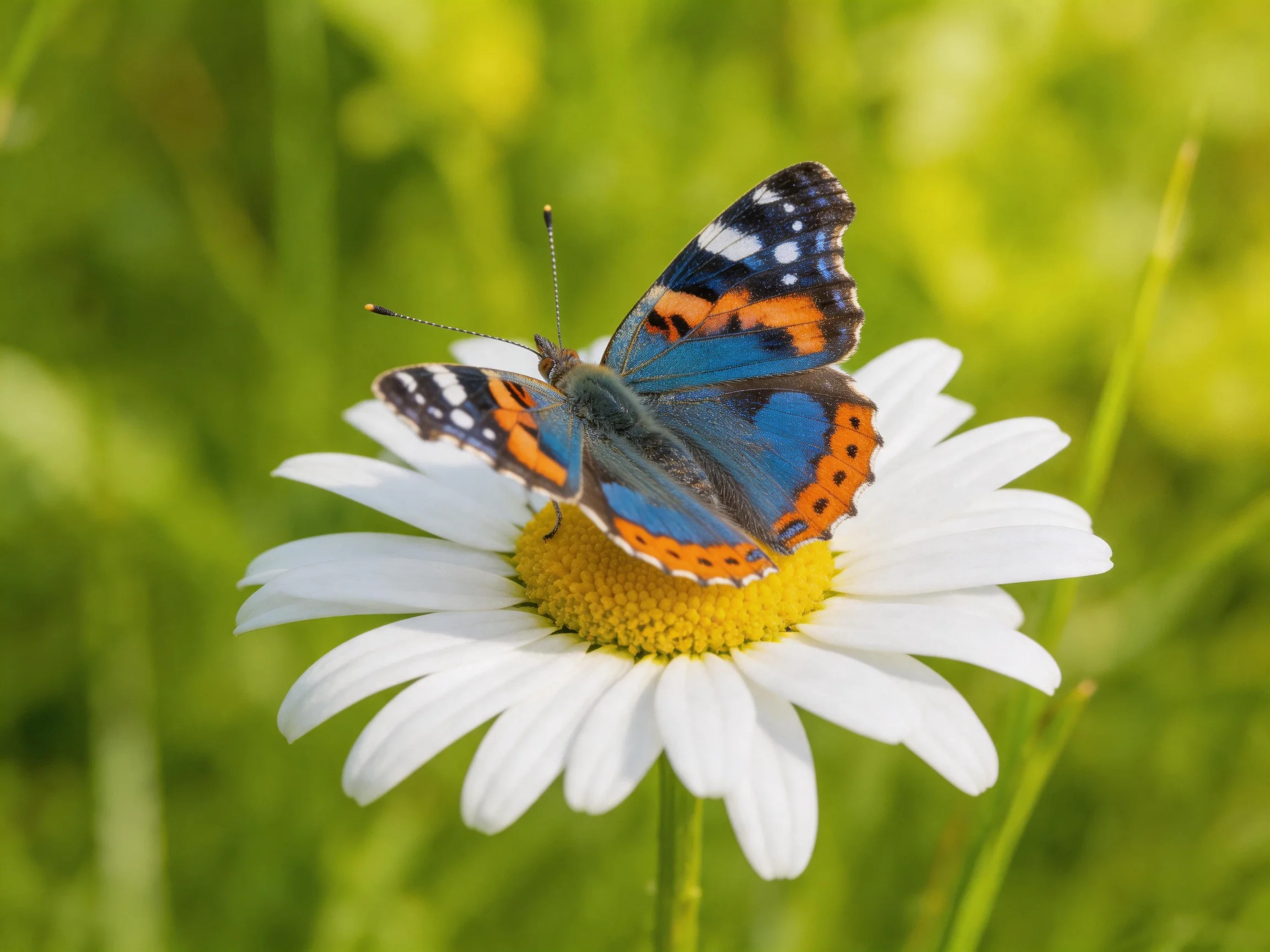 A colorful butterfly perched on a white daisy with yellow center