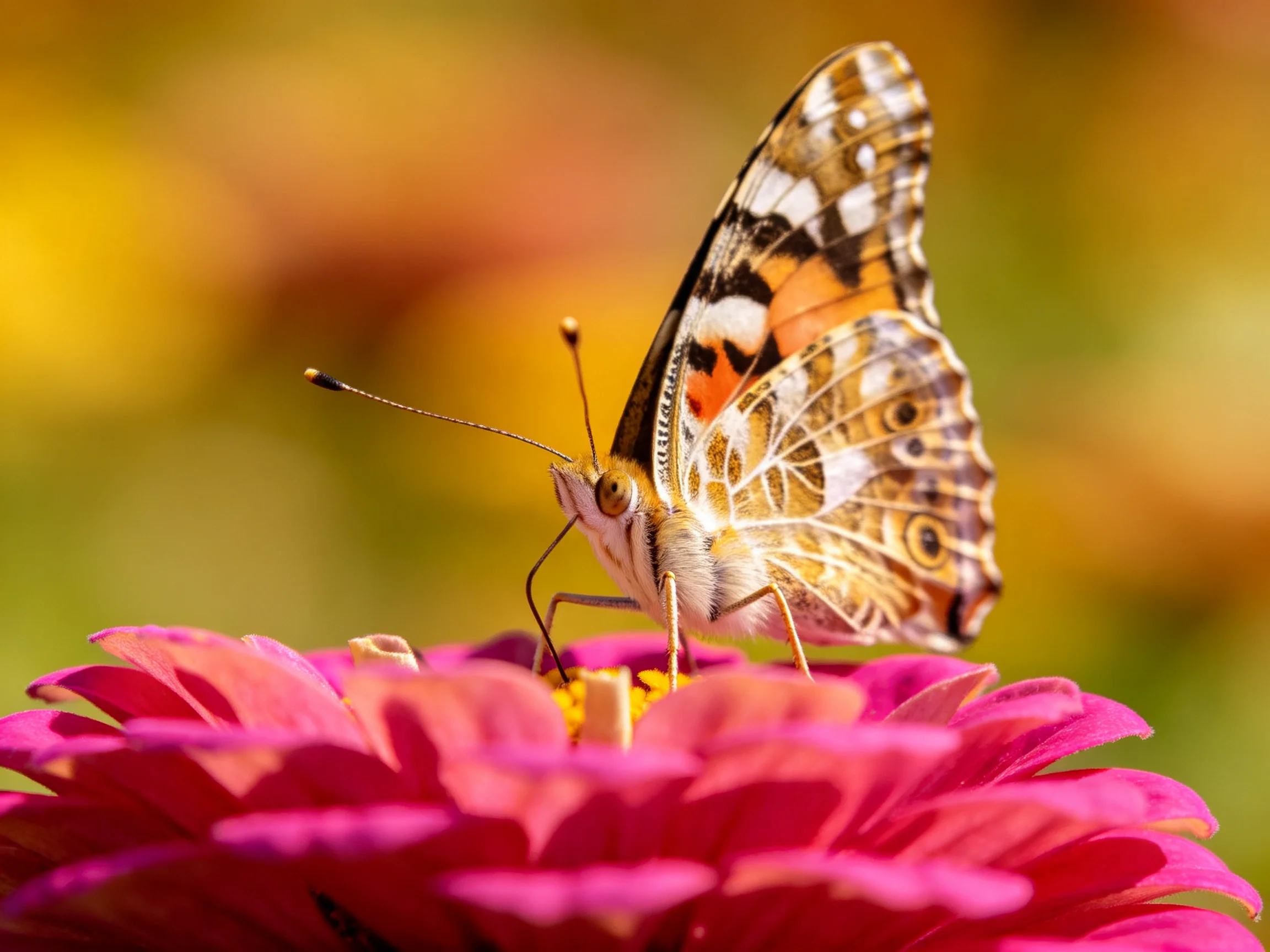 A colorful butterfly perches on a bright pink flower with intricate wing patterns