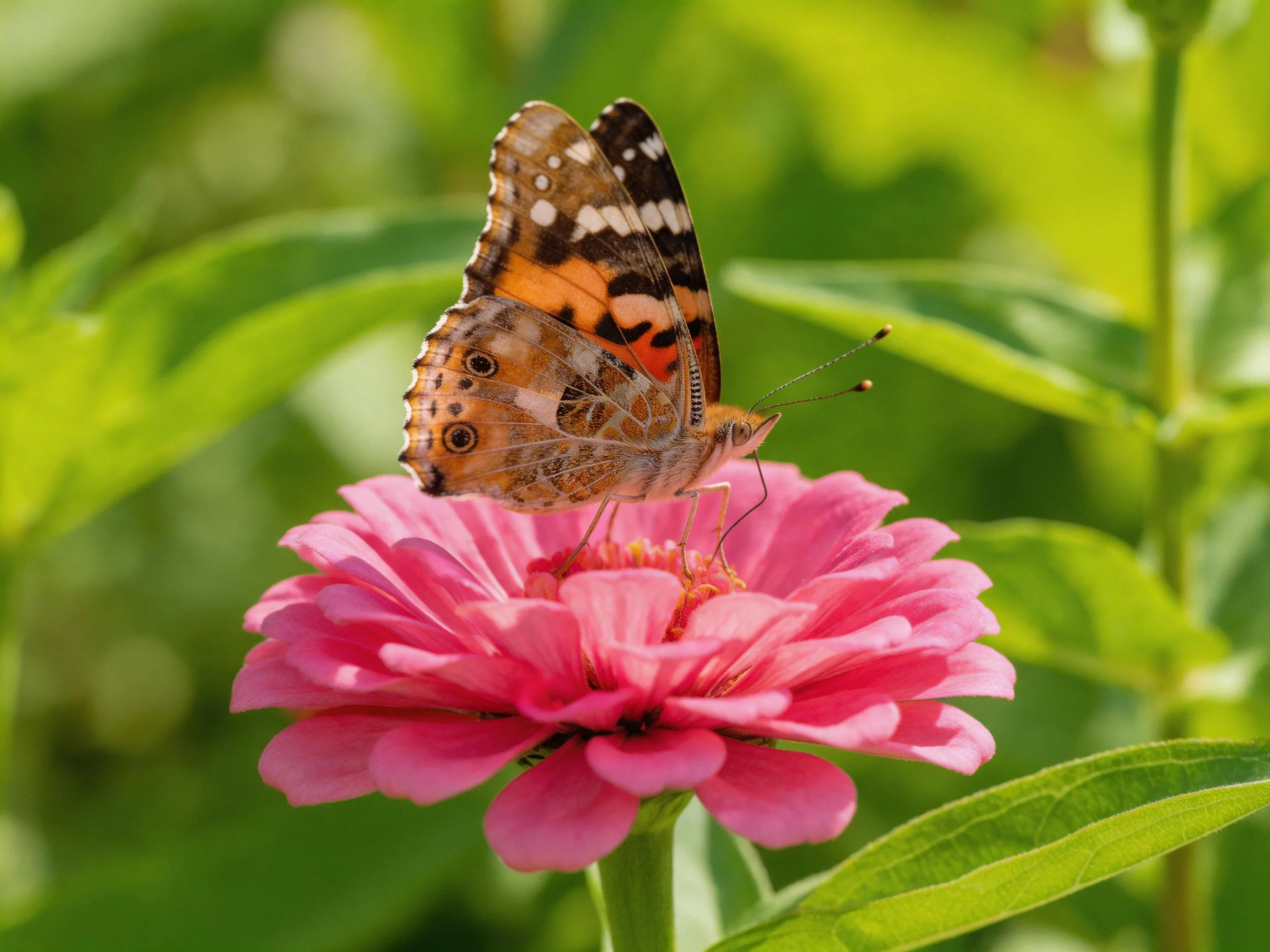 A colorful butterfly perches on a vibrant pink zinnia amidst lush green foliage