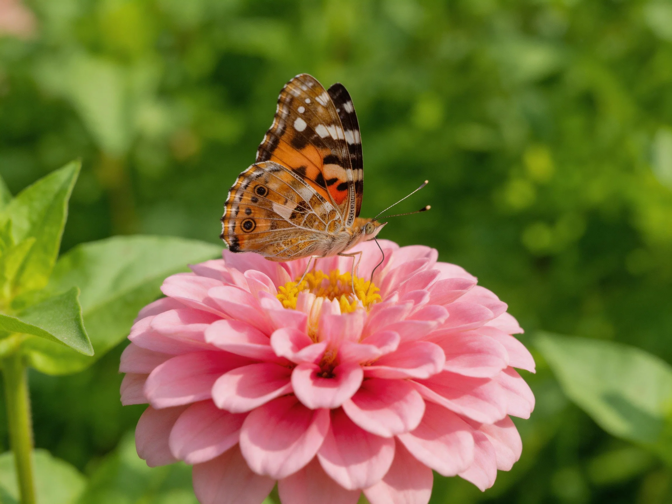 A colorful butterfly perches on a vibrant pink zinnia flower