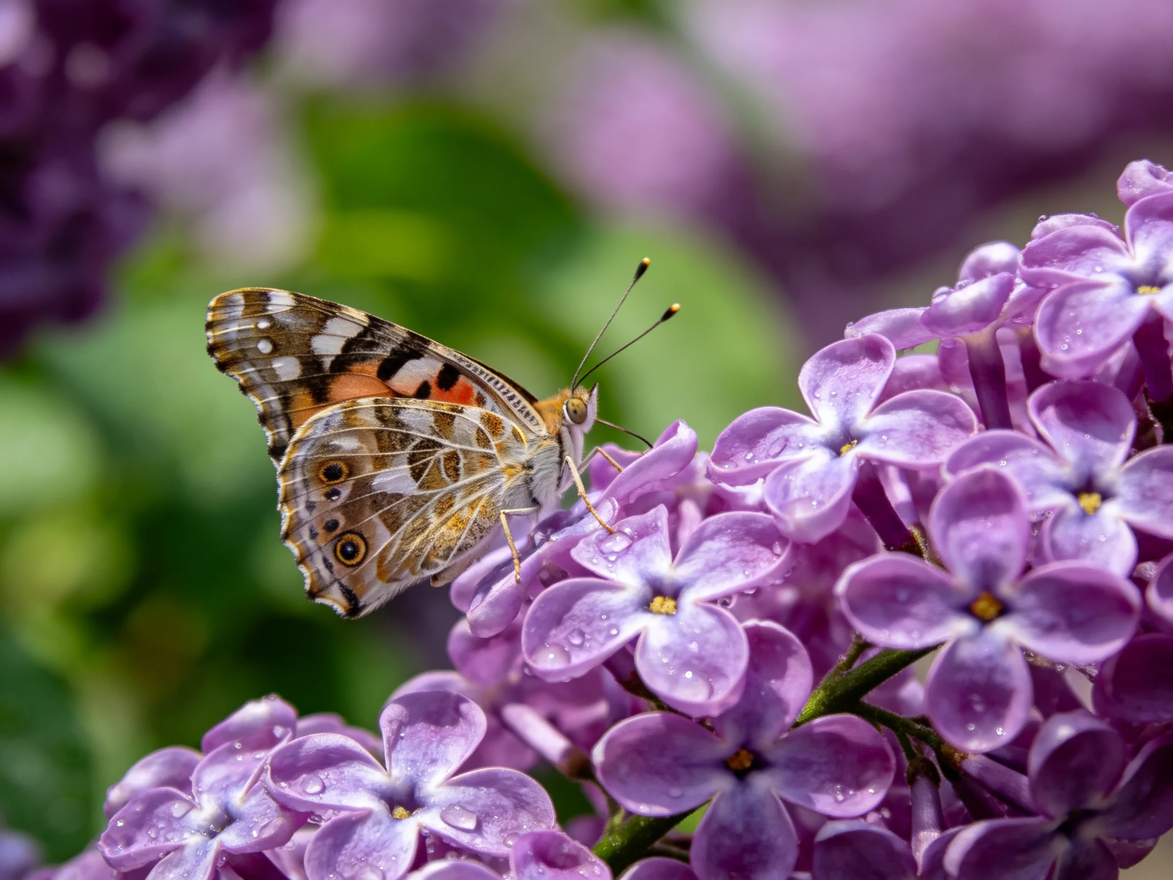 A colorful butterfly perches on vibrant purple lilac blossoms