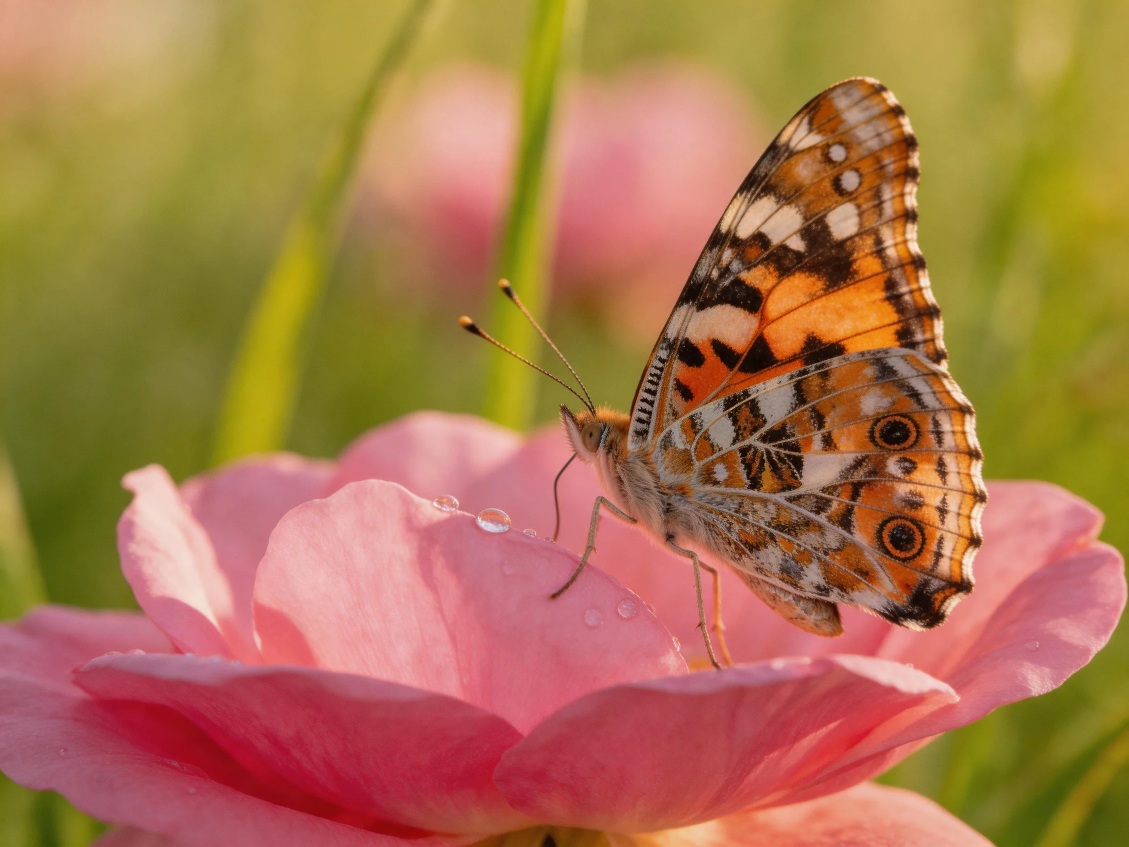 A colorful butterfly rests on a dewy pink flower