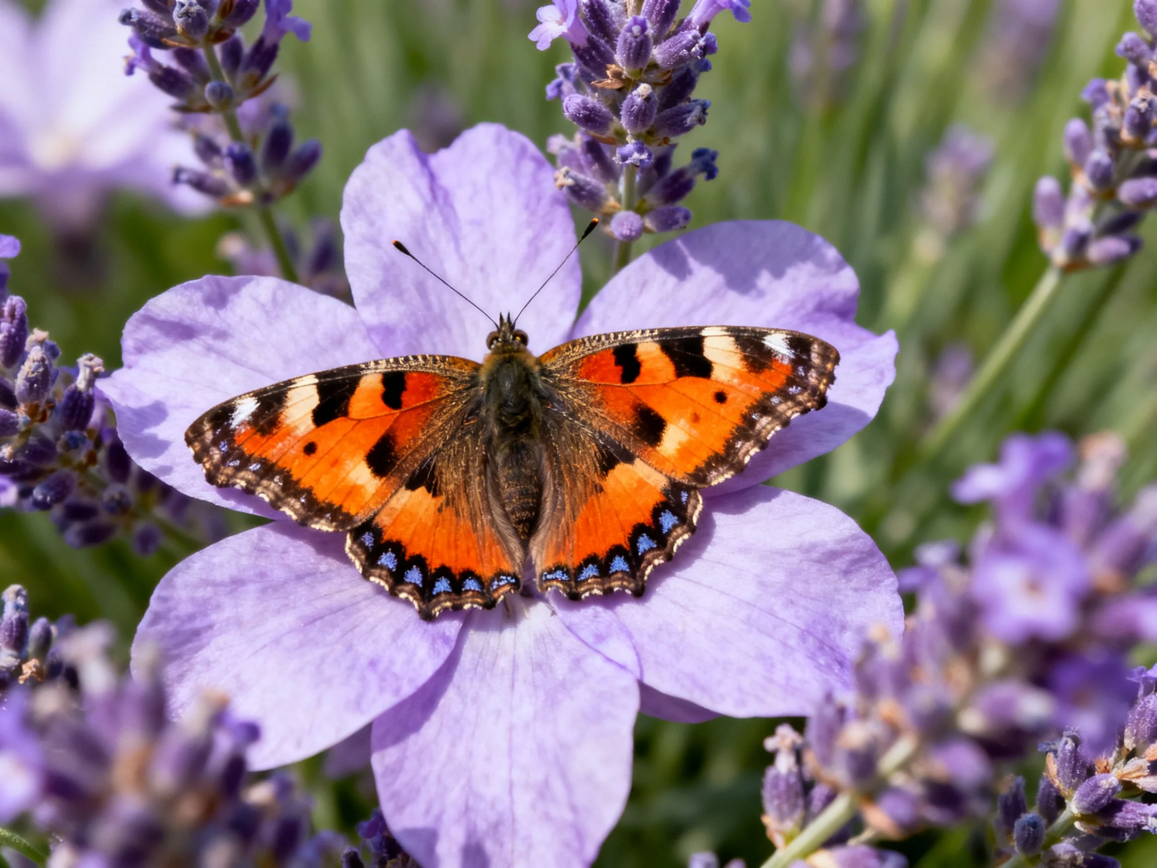 A colorful butterfly rests on a large purple flower amid lavender blooms
