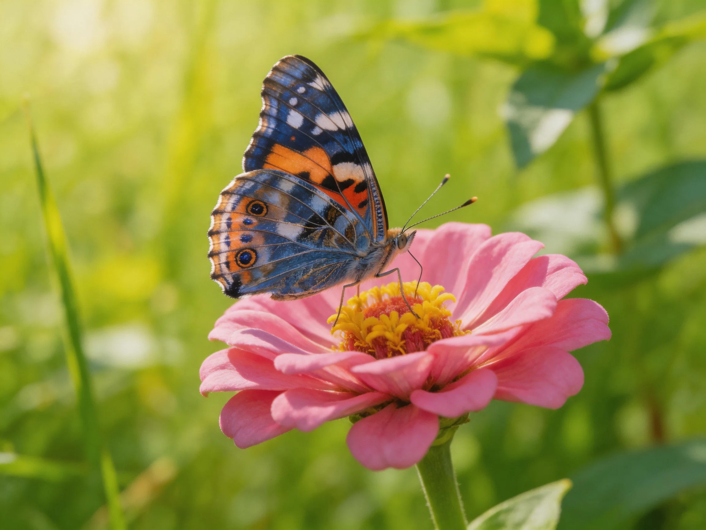 A colorful butterfly rests on a vibrant pink zinnia amid lush green foliage