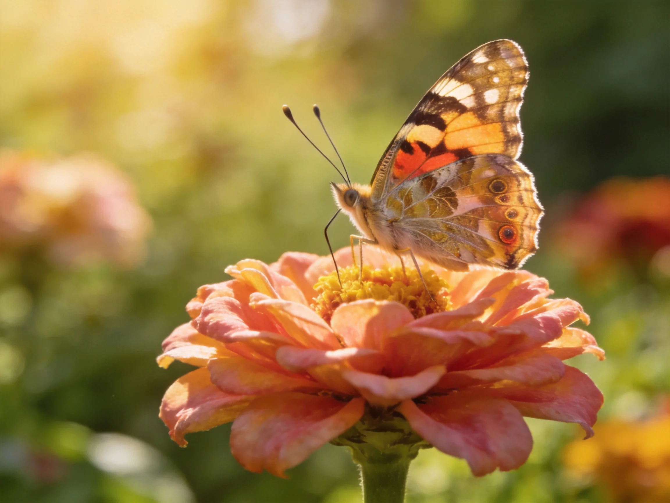 A colorful butterfly rests on a vibrant pink zinnia