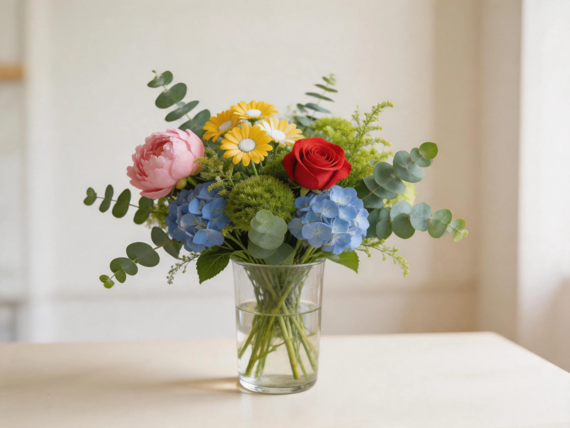 A colorful flower bouquet with roses, hydrangeas, daisies, and eucalyptus in a glass vase