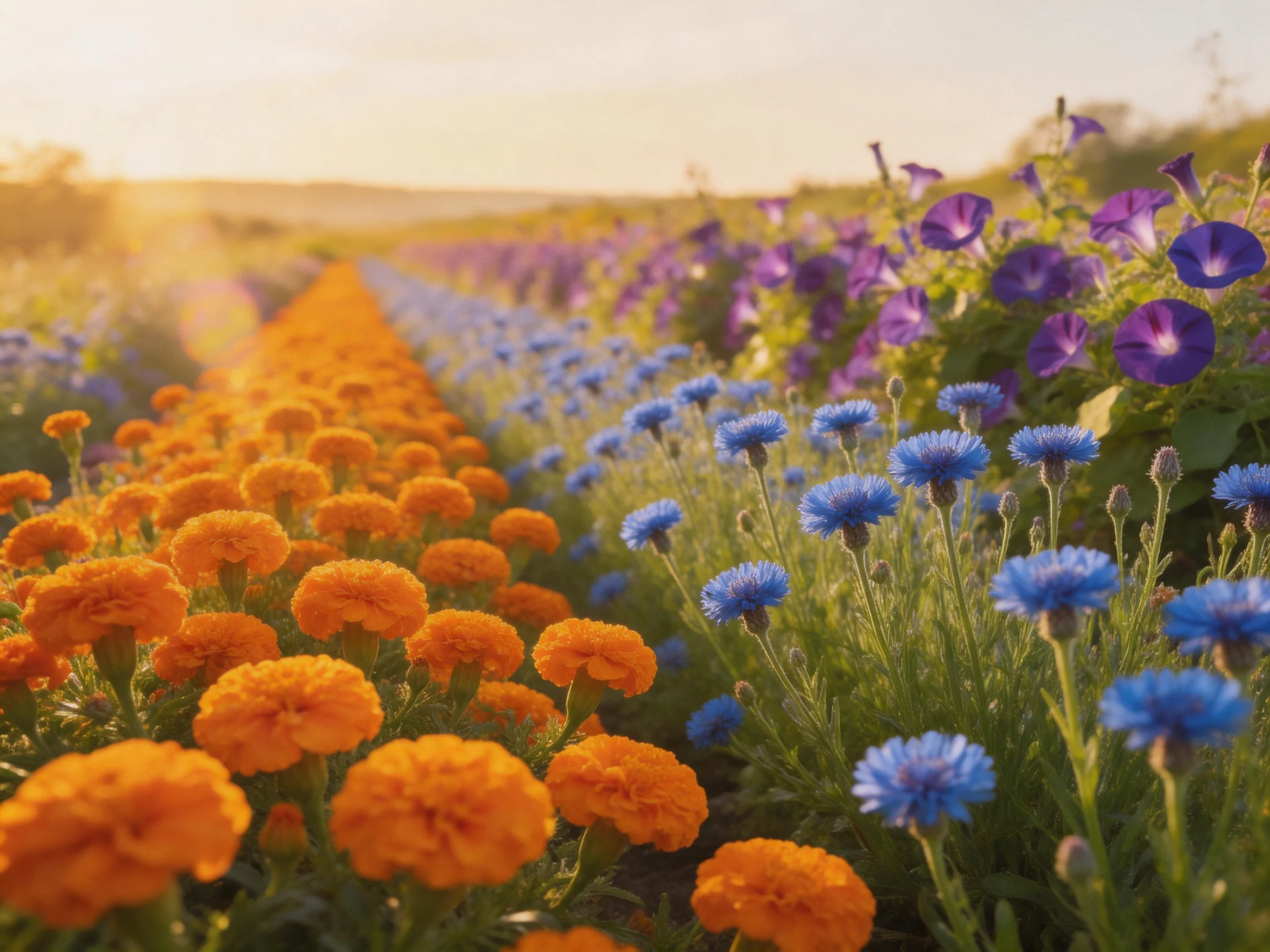 A colorful flower field with orange, blue, and purple blooms under golden light