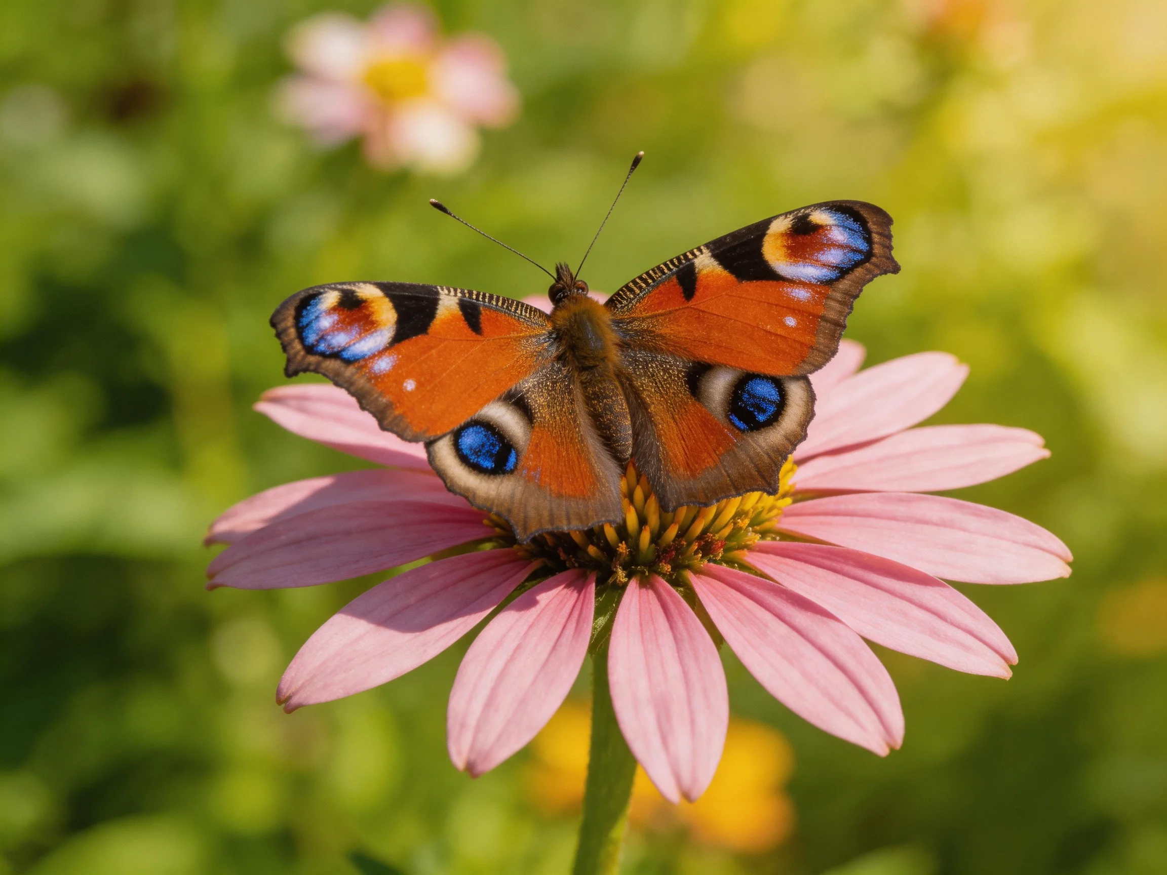 A colorful peacock butterfly perches on a pink coneflower amidst greenery