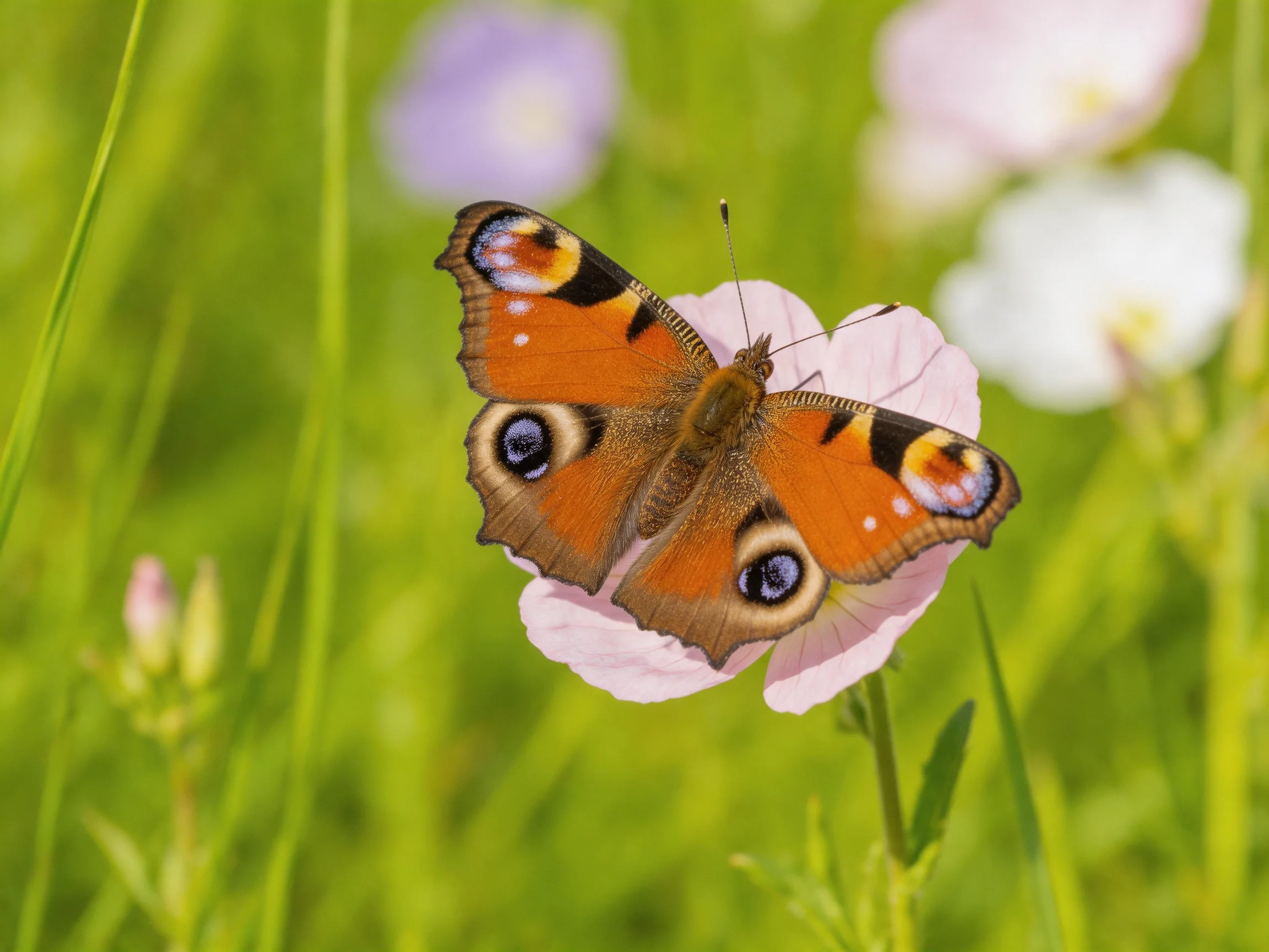A colorful peacock butterfly rests on a pink flower
