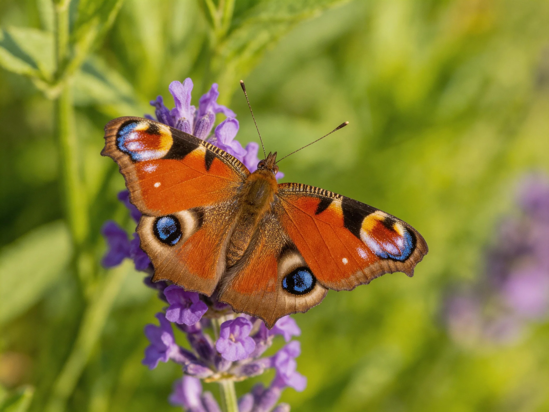 A colorful peacock butterfly rests on purple lavender blooms