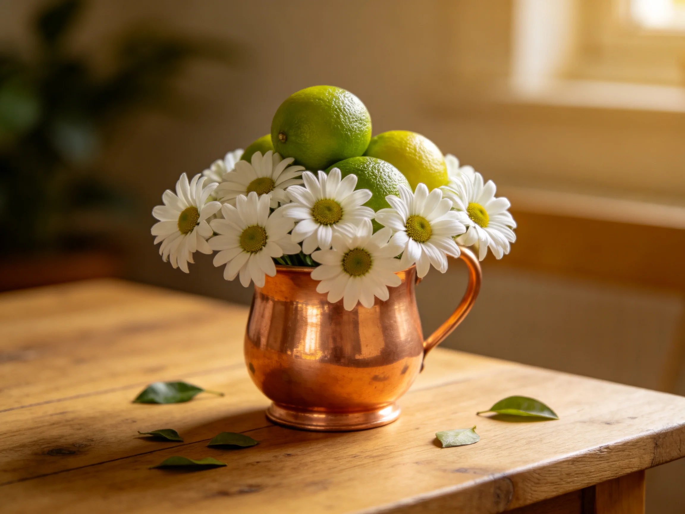 A copper pitcher holds white daisies and citrus on a wooden table
