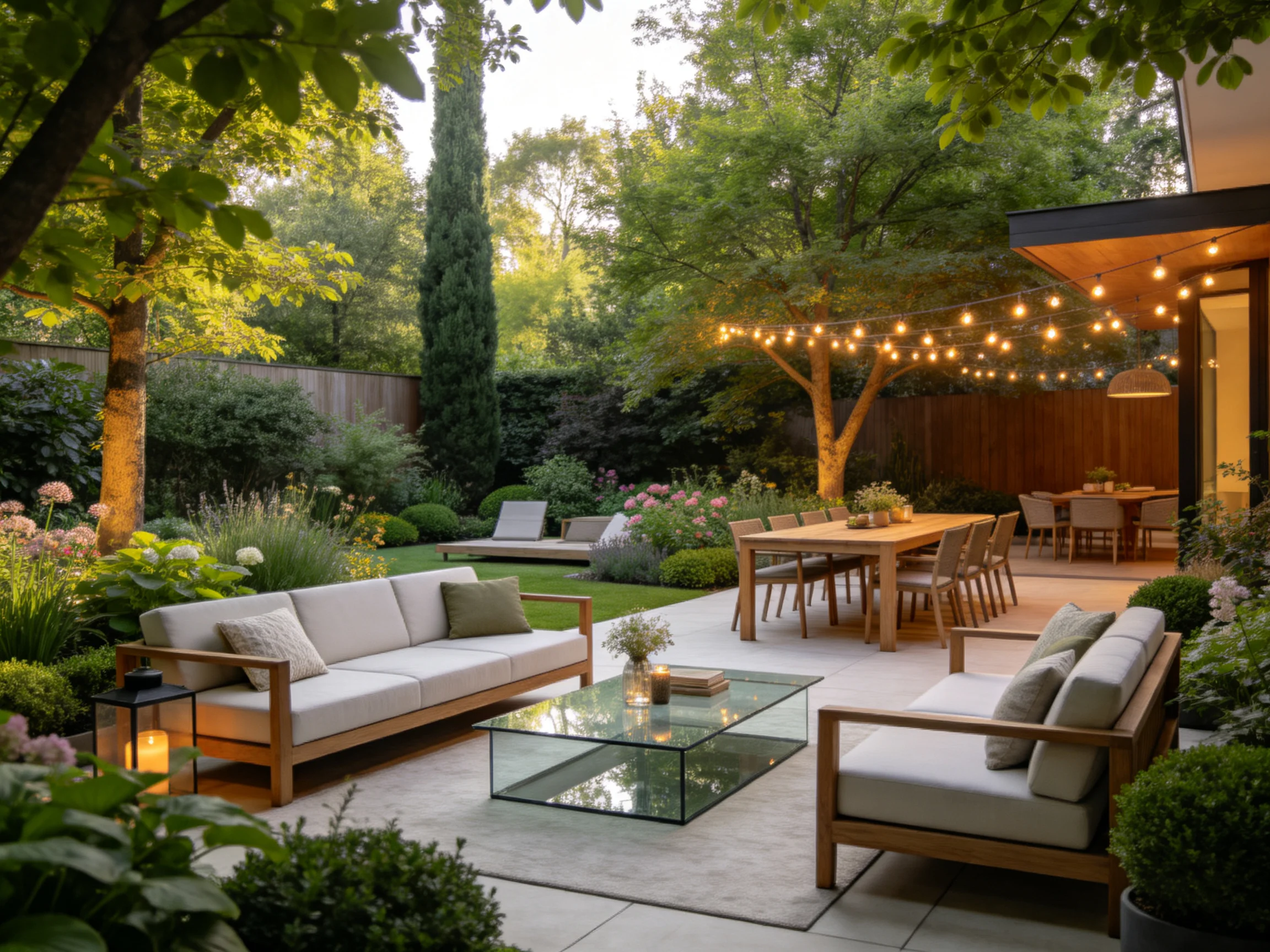 A cozy backyard patio with wooden seating and string lights
