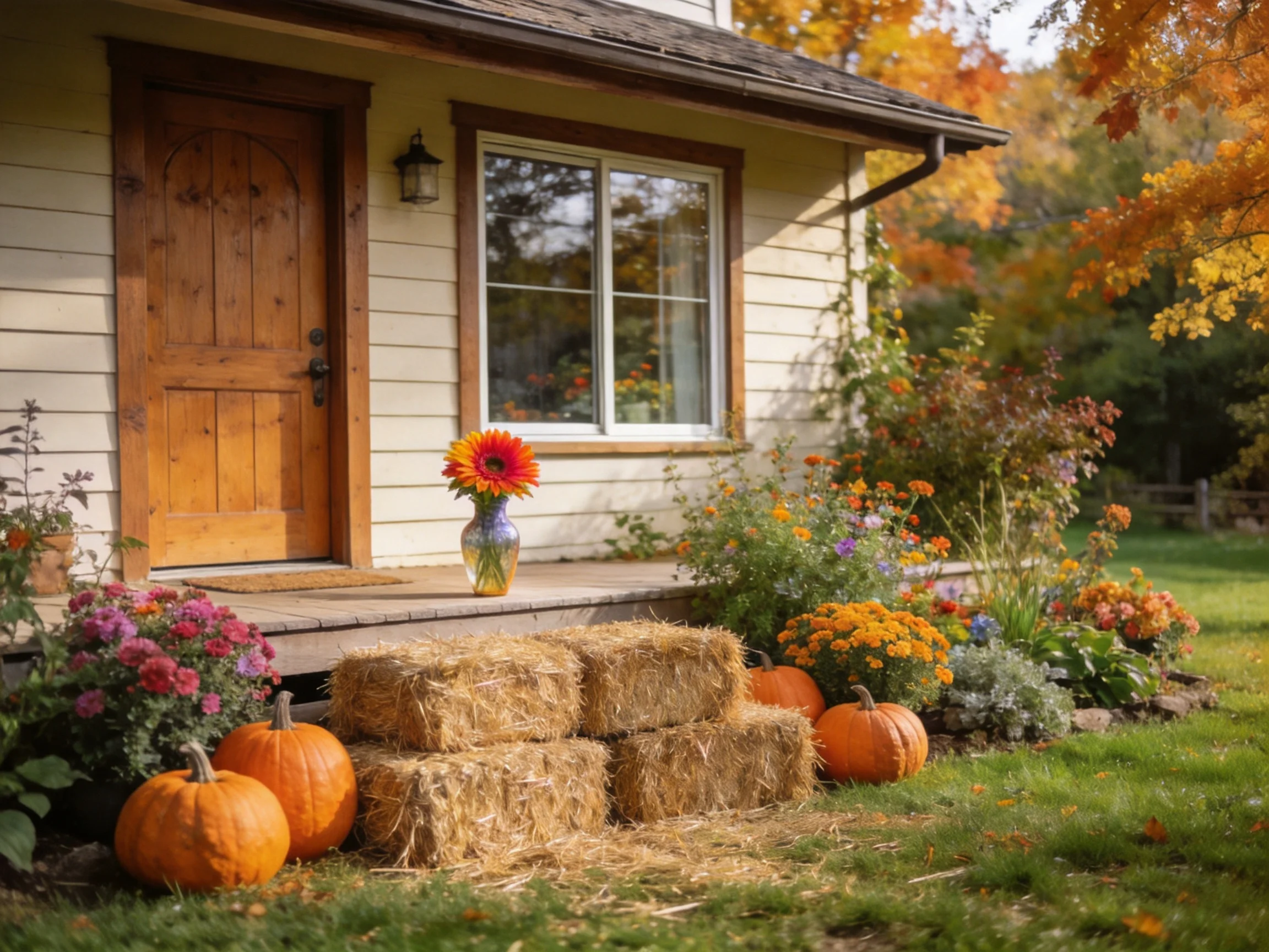 A cozy cottage decorated with hay bales, pumpkins, and autumn flowers