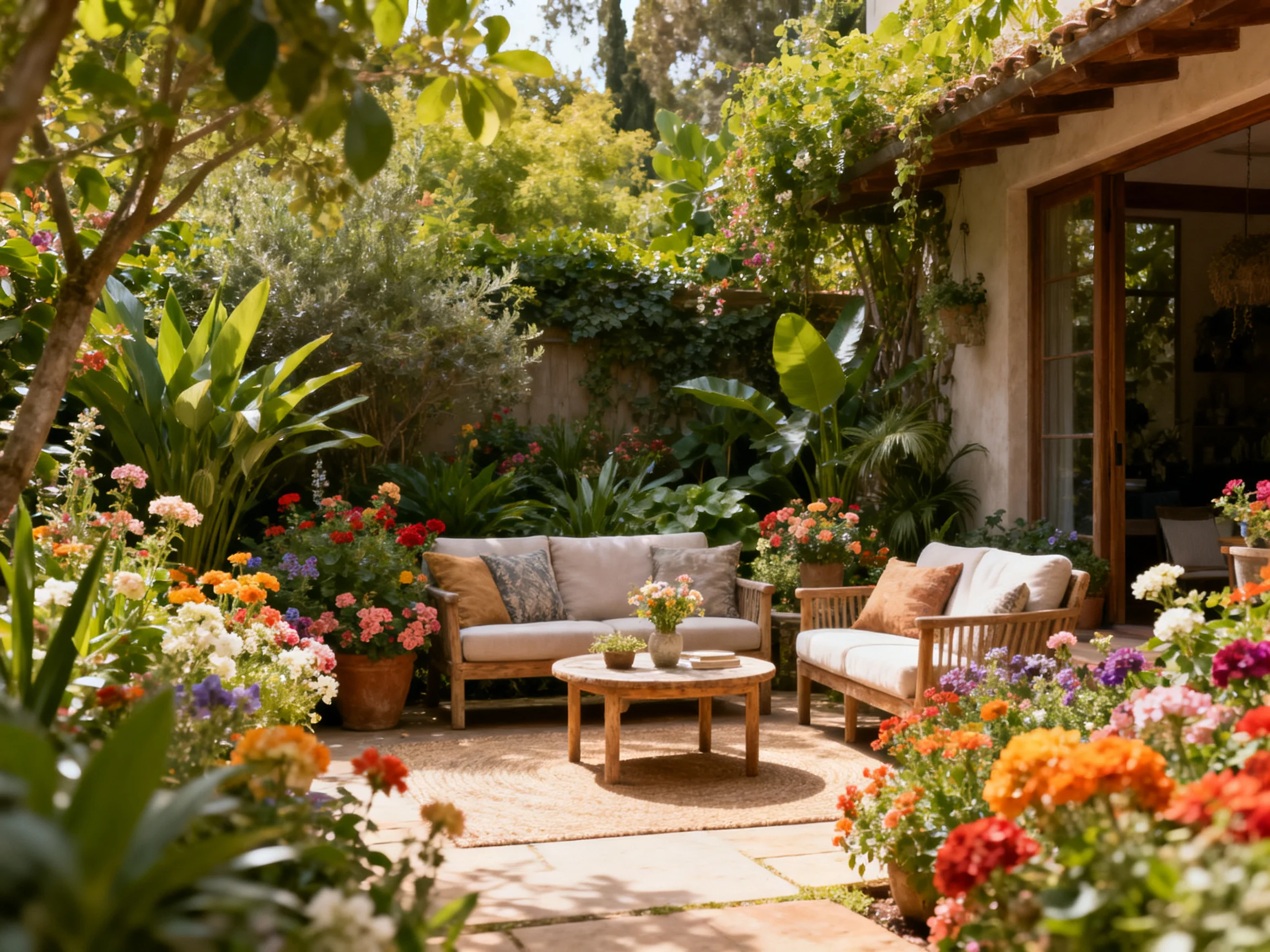 A cozy garden patio with wooden seating and colorful blooms