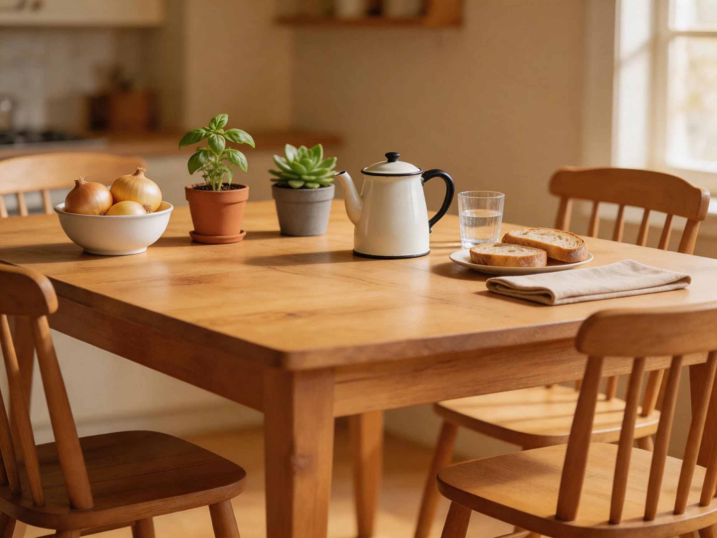 A cozy kitchen with a wooden table, fruits, and potted plants