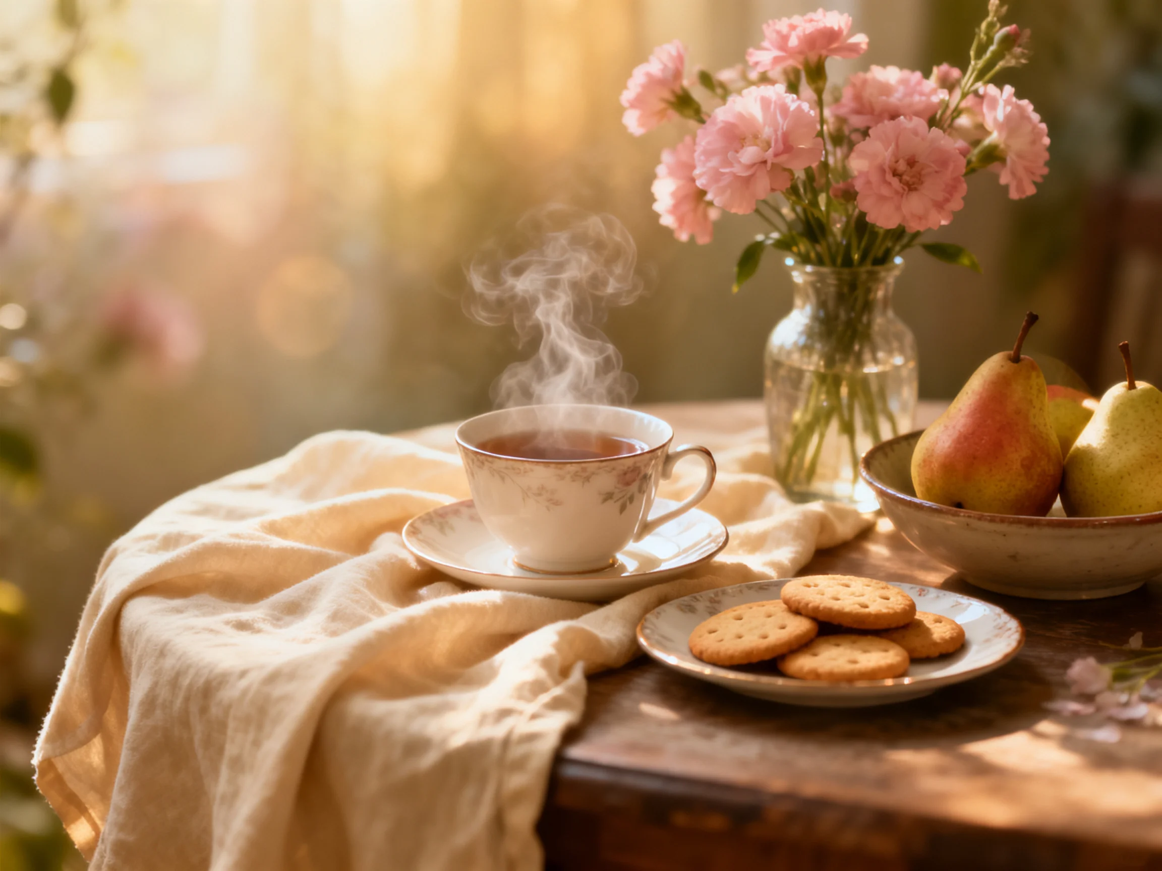 A cozy table with steaming tea, pink carnations, and fresh pears
