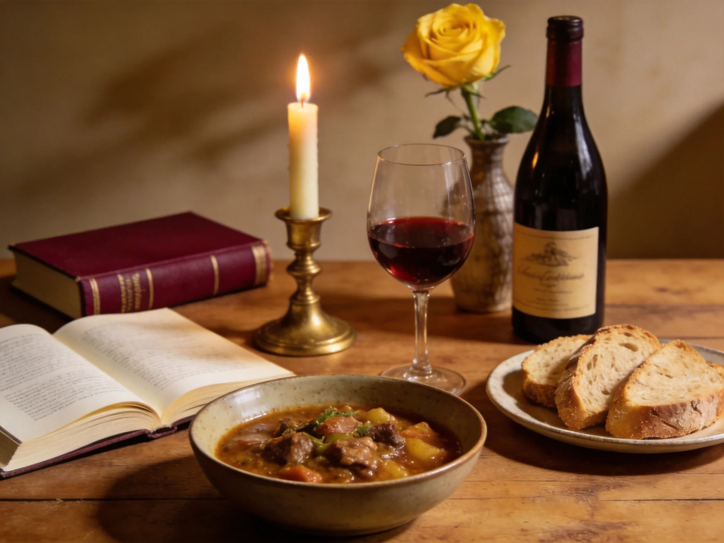 A cozy table with stew, wine, bread, books, and a yellow rose