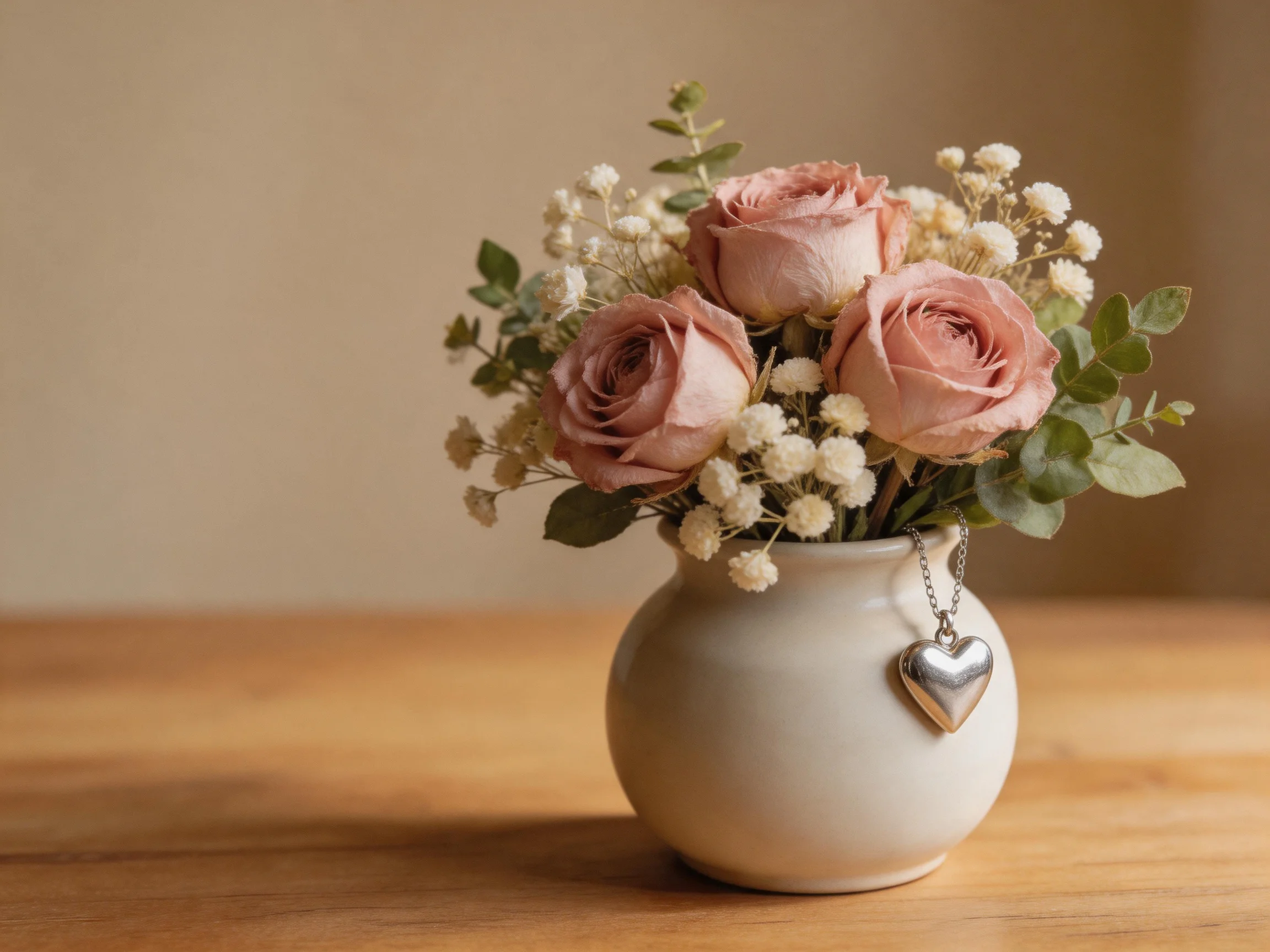 A cream vase holds three pink roses, white blooms, and greenery with a silver heart charm.