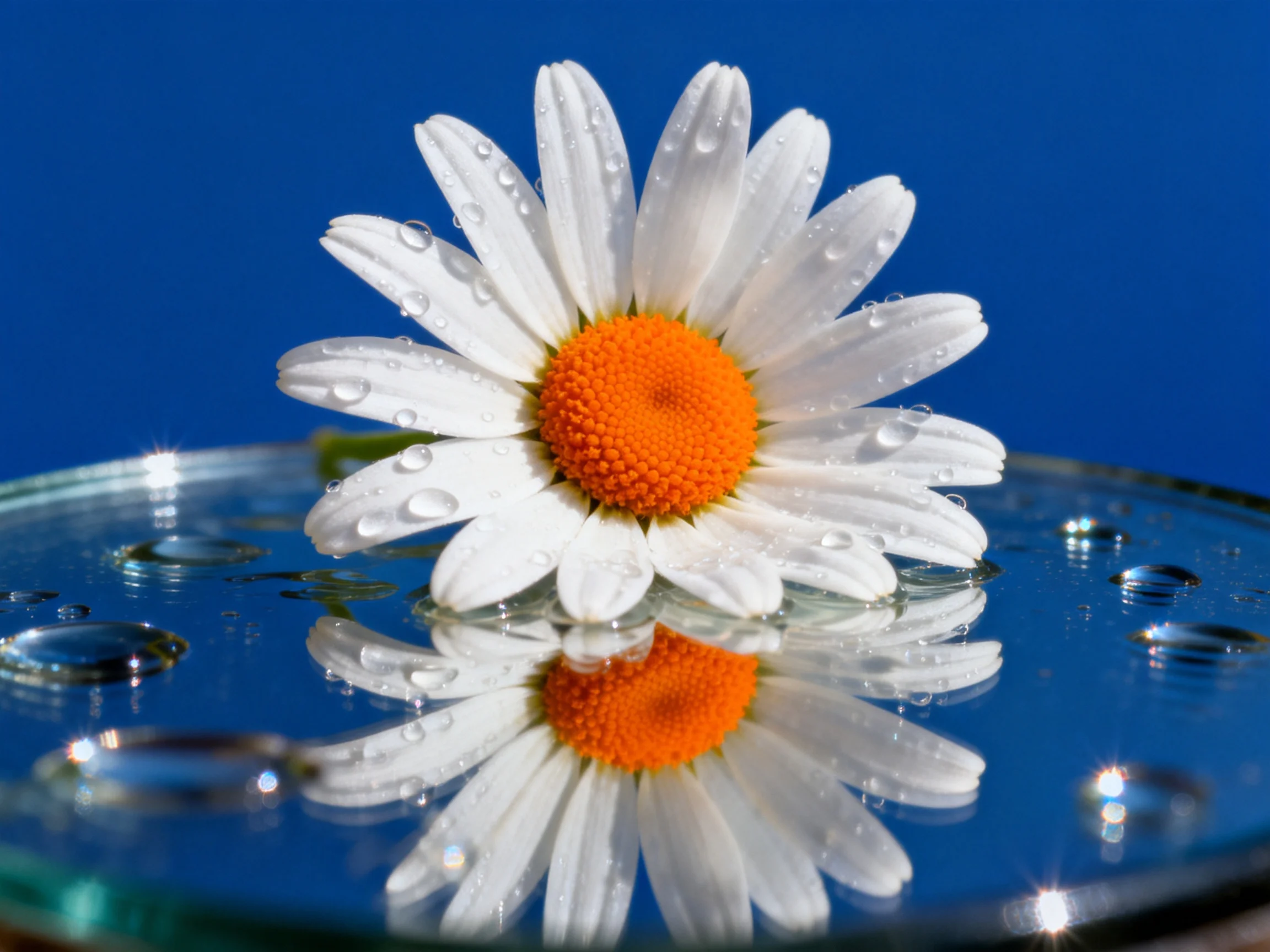 A daisy with water droplets reflected on a glass surface