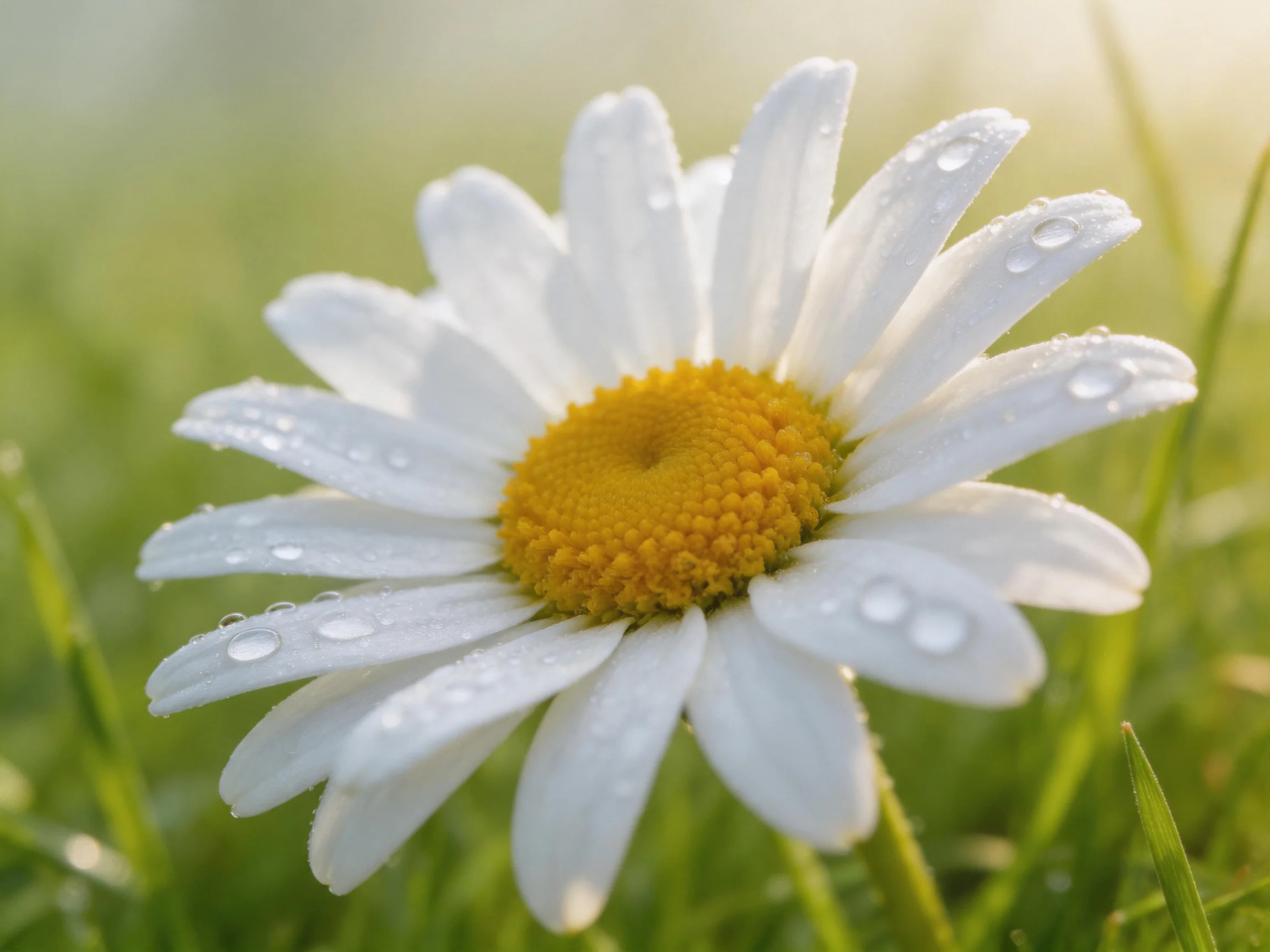 A daisy with white petals and water droplets on green grass