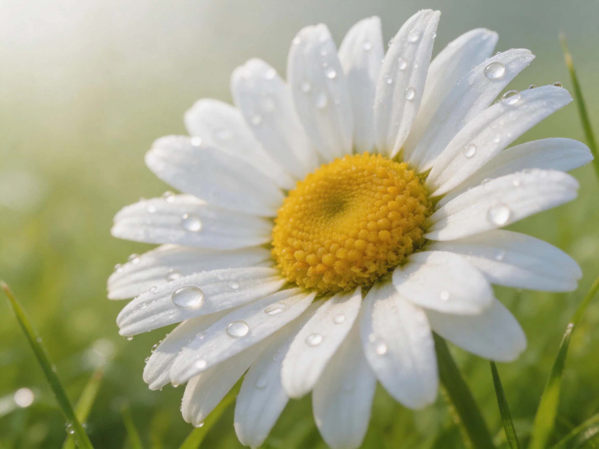 A daisy with white petals, yellow center, and dew drops on grass
