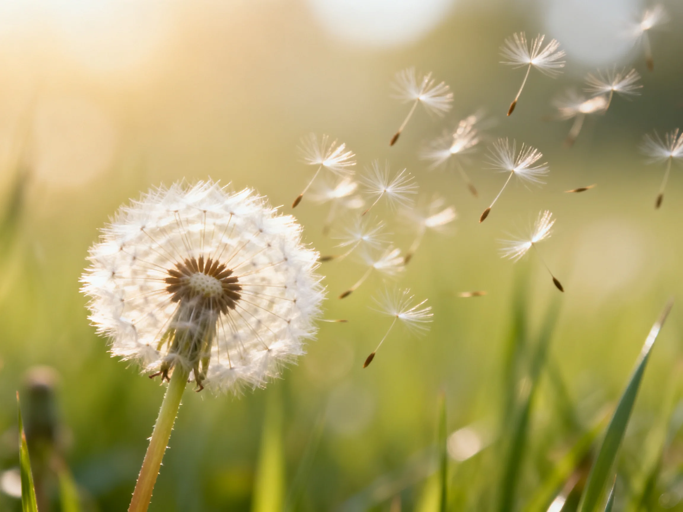 A dandelion dispersing seeds in a sunlit grassy meadow
