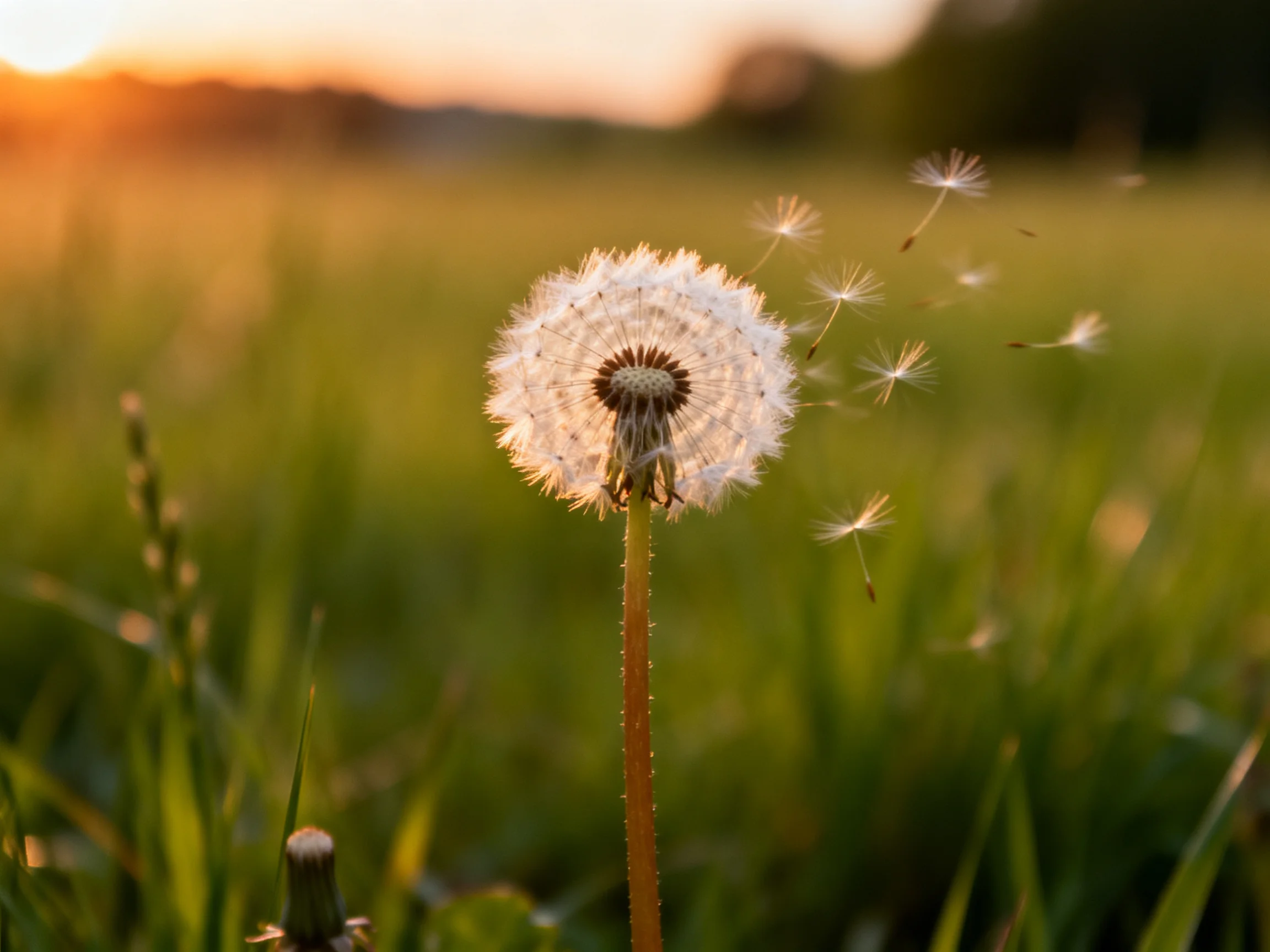 A dandelion seed head blooms in a sunlit green meadow at sunset