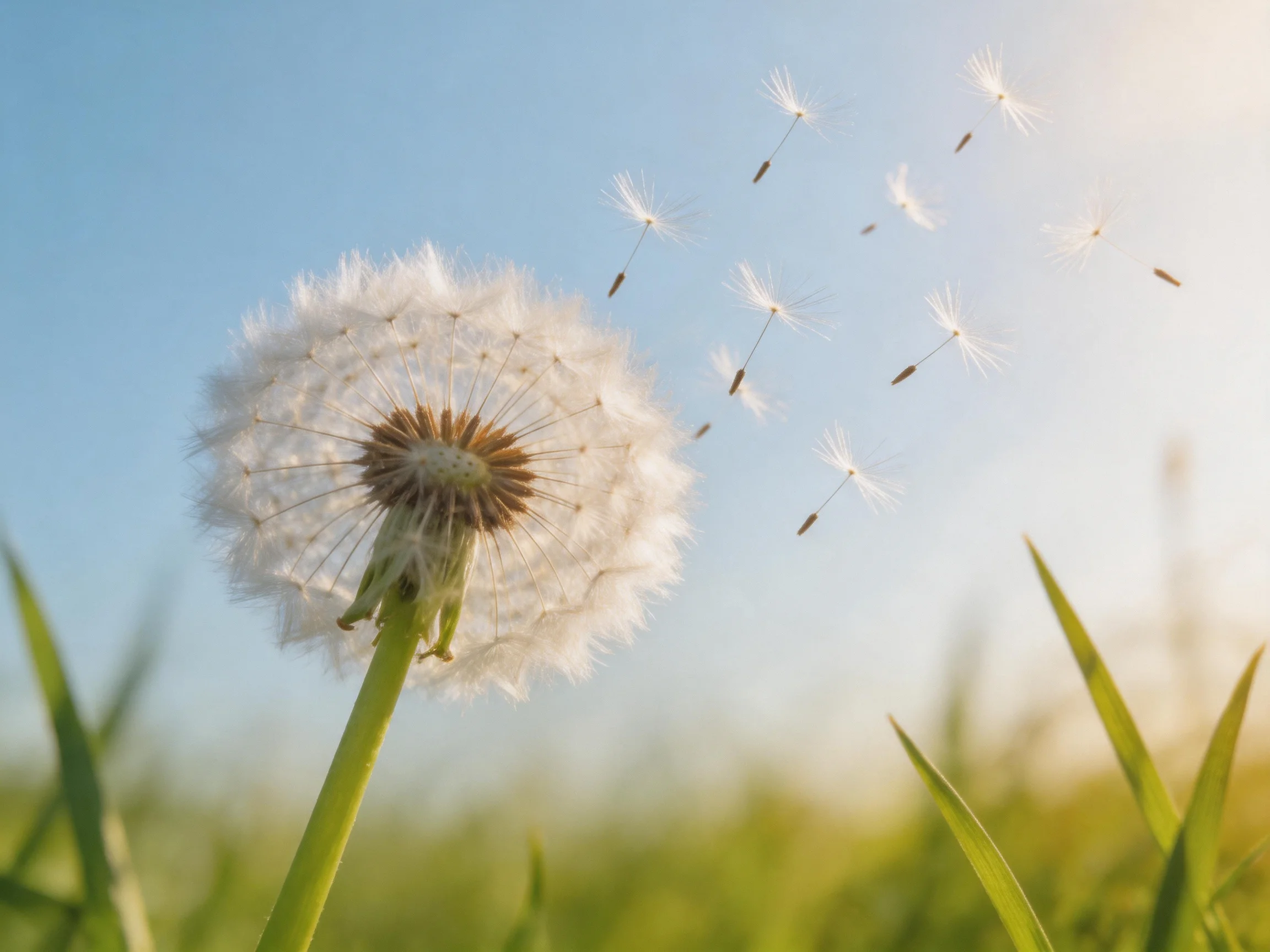 A dandelion seed head dispersing against a clear blue sky