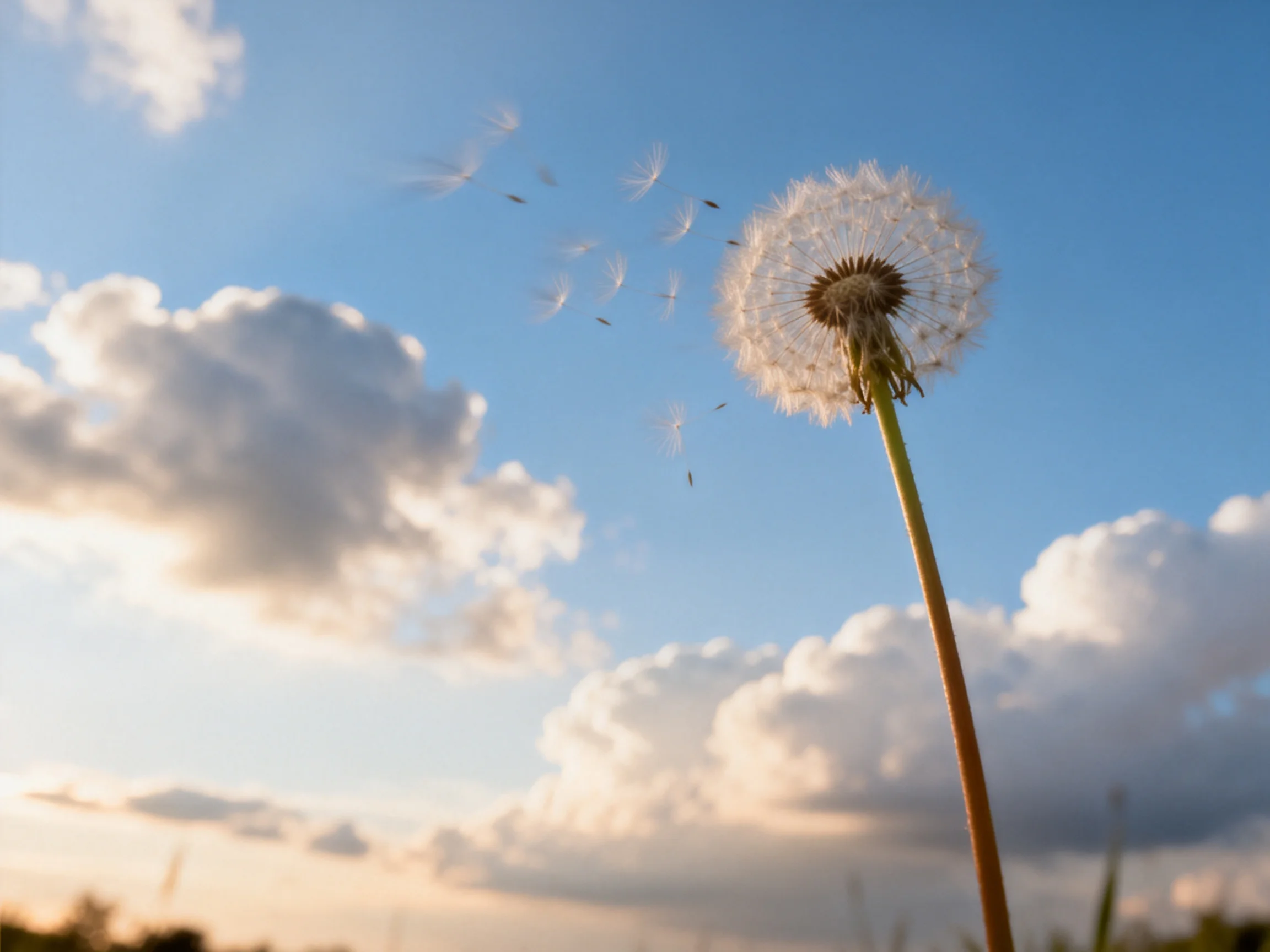 A dandelion seed head dispersing among fluffy clouds under a bright blue sky