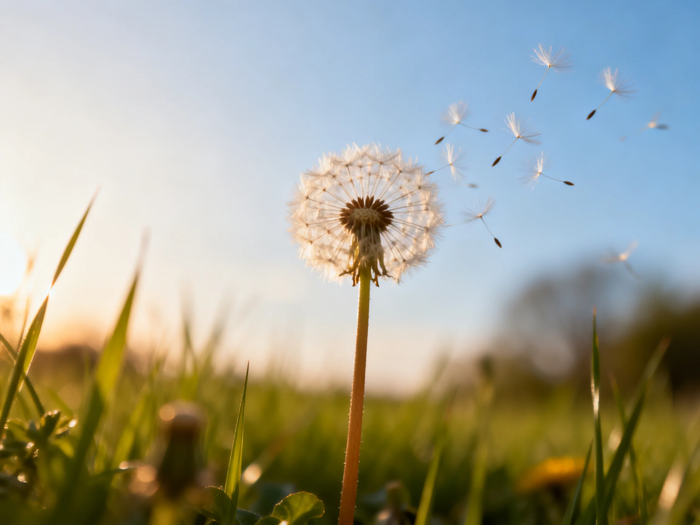 A dandelion seed head dispersing among tall grass under a clear blue sky